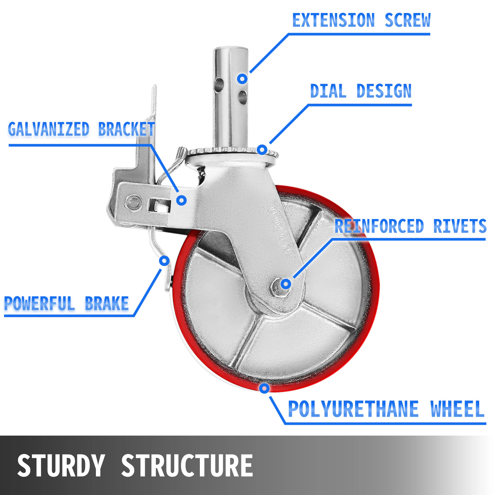 HONGGE Heavy Duty 8-Inch Scaffolding Casters, 4-Pack with Locking Brake, Polyurethane Wheels, 4400 lbs Capacity