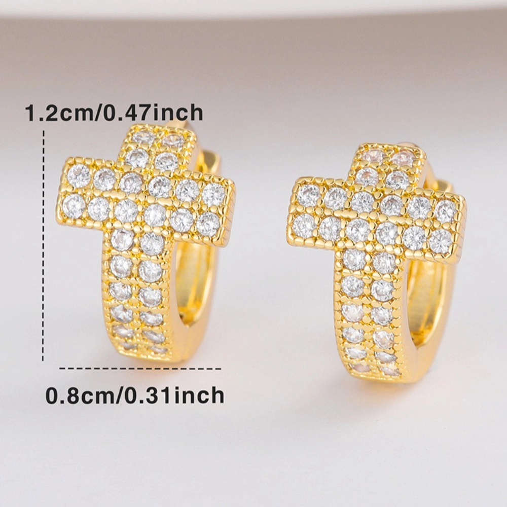 Pave Cubic Zirconia Gold Plated Cross Huggie Earring
