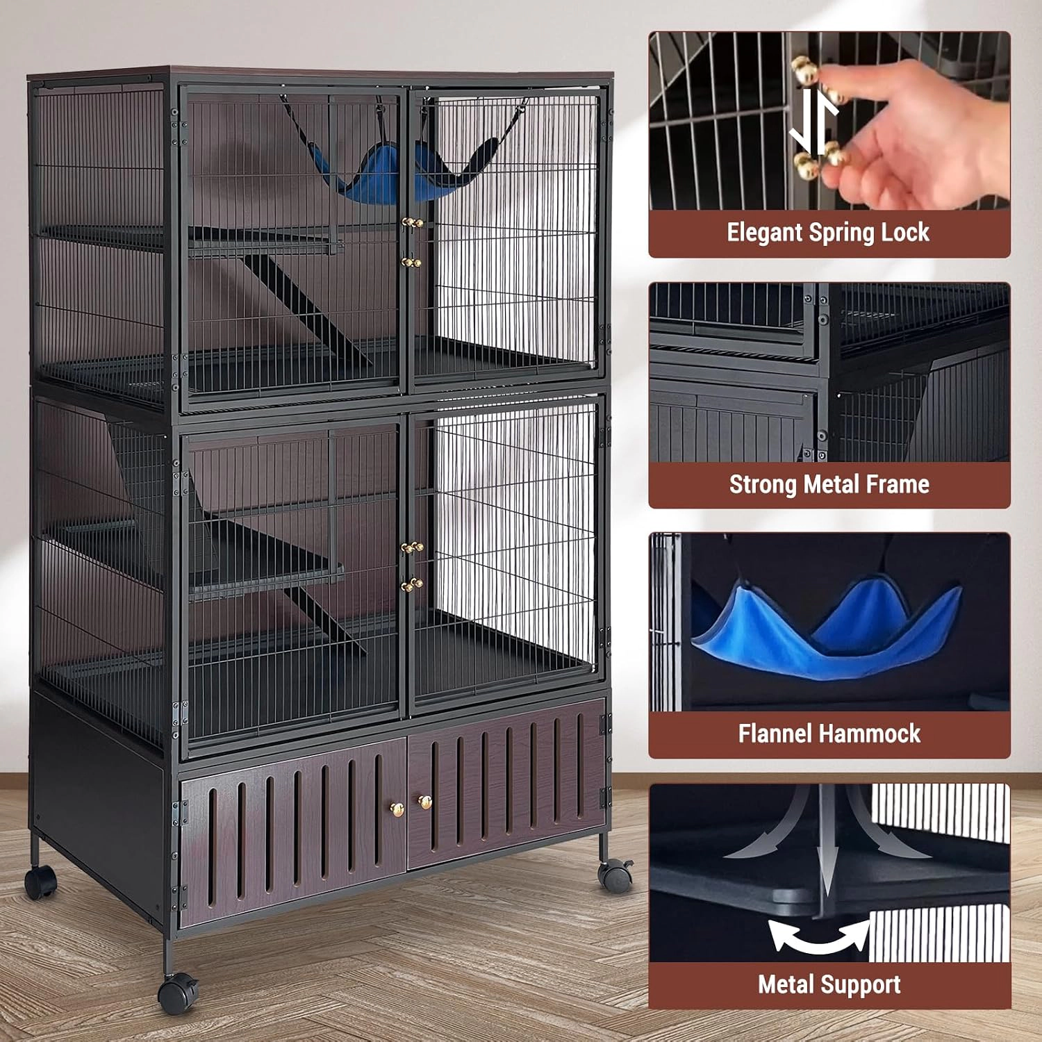 92x58.5x150cm Multi-Level Ironwood Ferret Cage, Small Animal Habitat with Full Accessories, Black