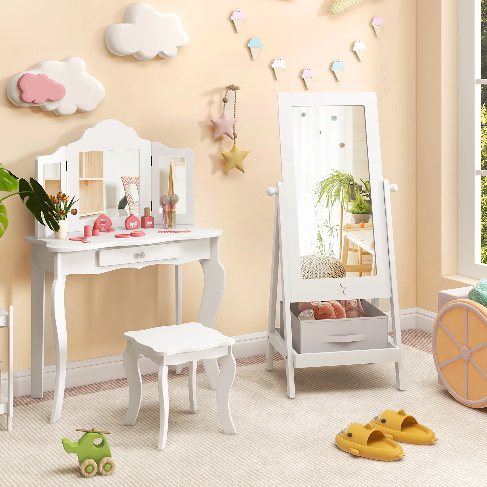SUGIFT 360 Degree Rotatable Kids Full Length Dressing Mirror with MDF Frame 44-lb Shelf Capacity 44-in Tall White