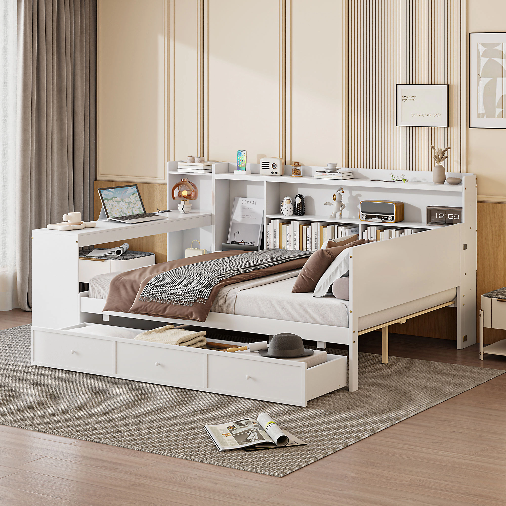Flynama Full Wooden Daybed with 3 Drawers, USB Ports & Desk, White