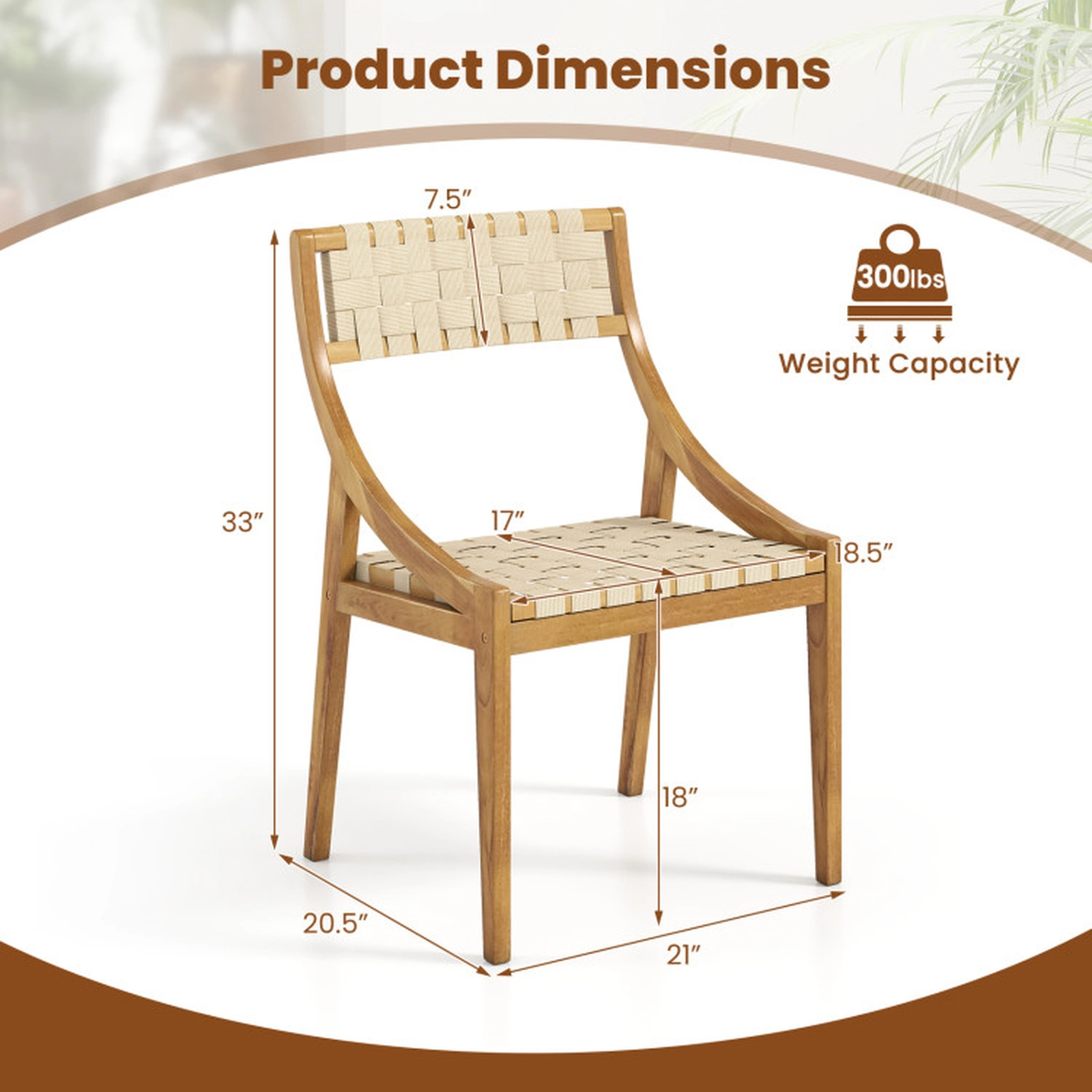 SUGIFT Set of 4 Teak Wood PP Webbing Seat Outdoor Dining Chairs 21-in x 20.5-in x 33-in 300-lb Capacity Natural