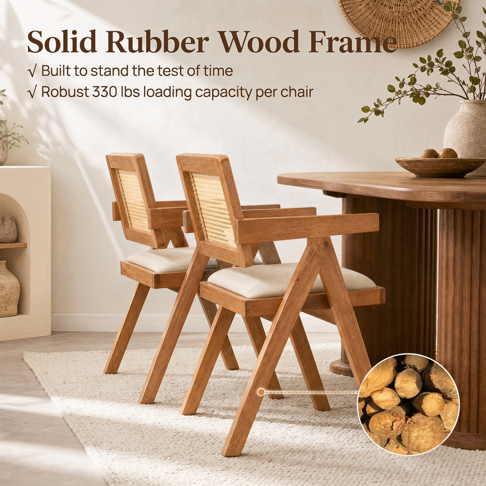 SUGIFT Set of 2 Rattan Accent Chairs Beige with Padded Cushions and Rubber Wood Frame