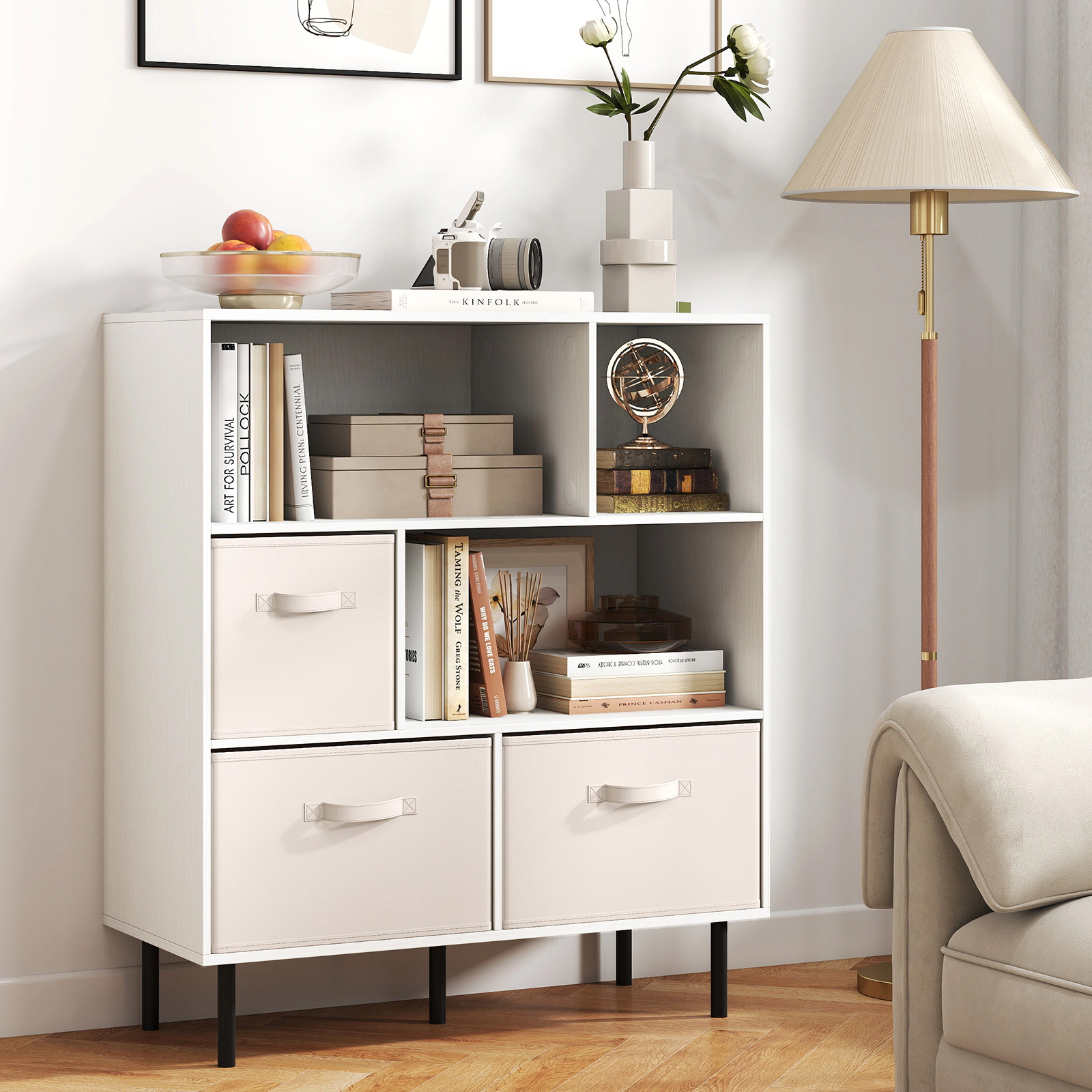 SUGIFT 6-Cube White Cube Storage Organizer Bookshelf with 3 Removable Folding Fabric Drawers and Metal Legs