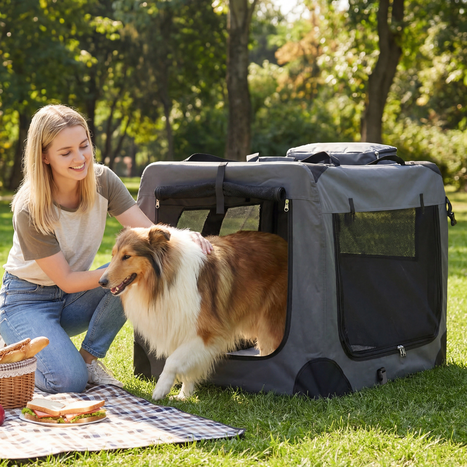 SUGIFT Collapsible Soft Dog Travel Crate with Mesh Windows 36-in Long 70-lb Capacity 3 Doors Gray with Fleece Bed