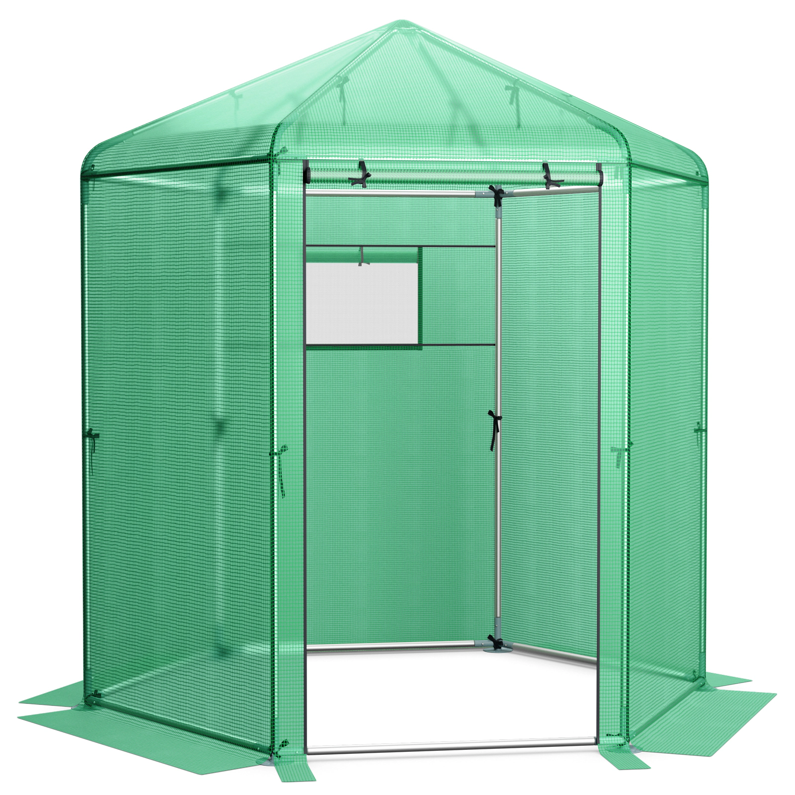 SUGIFT Walk-In Hexagonal Greenhouse Green 85 x 72 x 90 in with PE Cover and Metal Frame