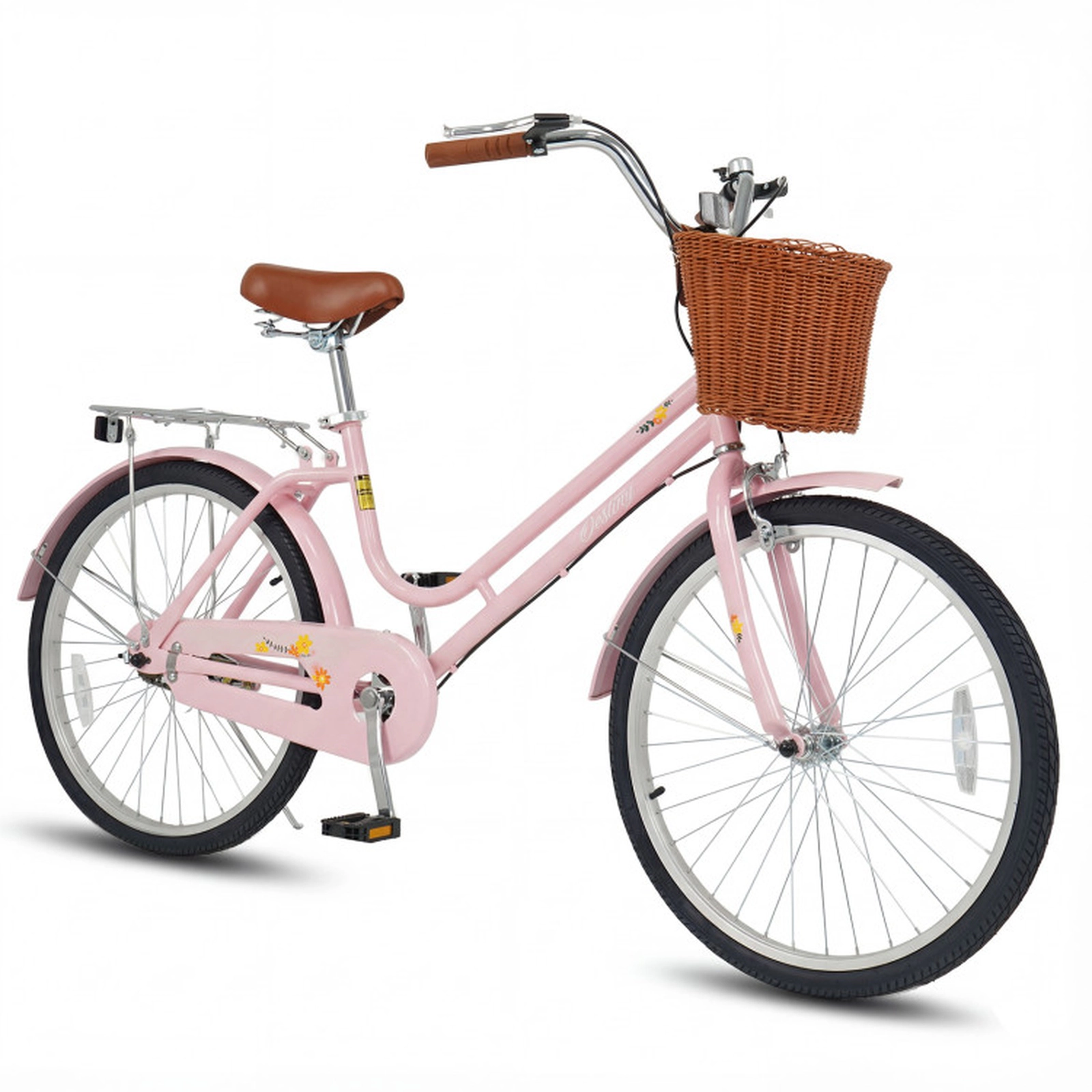 SUGIFT 24-in Womens Beach Cruiser Bike for Shorter Riders with Basket and Rear Rack 220-lb Rider Capacity Pink