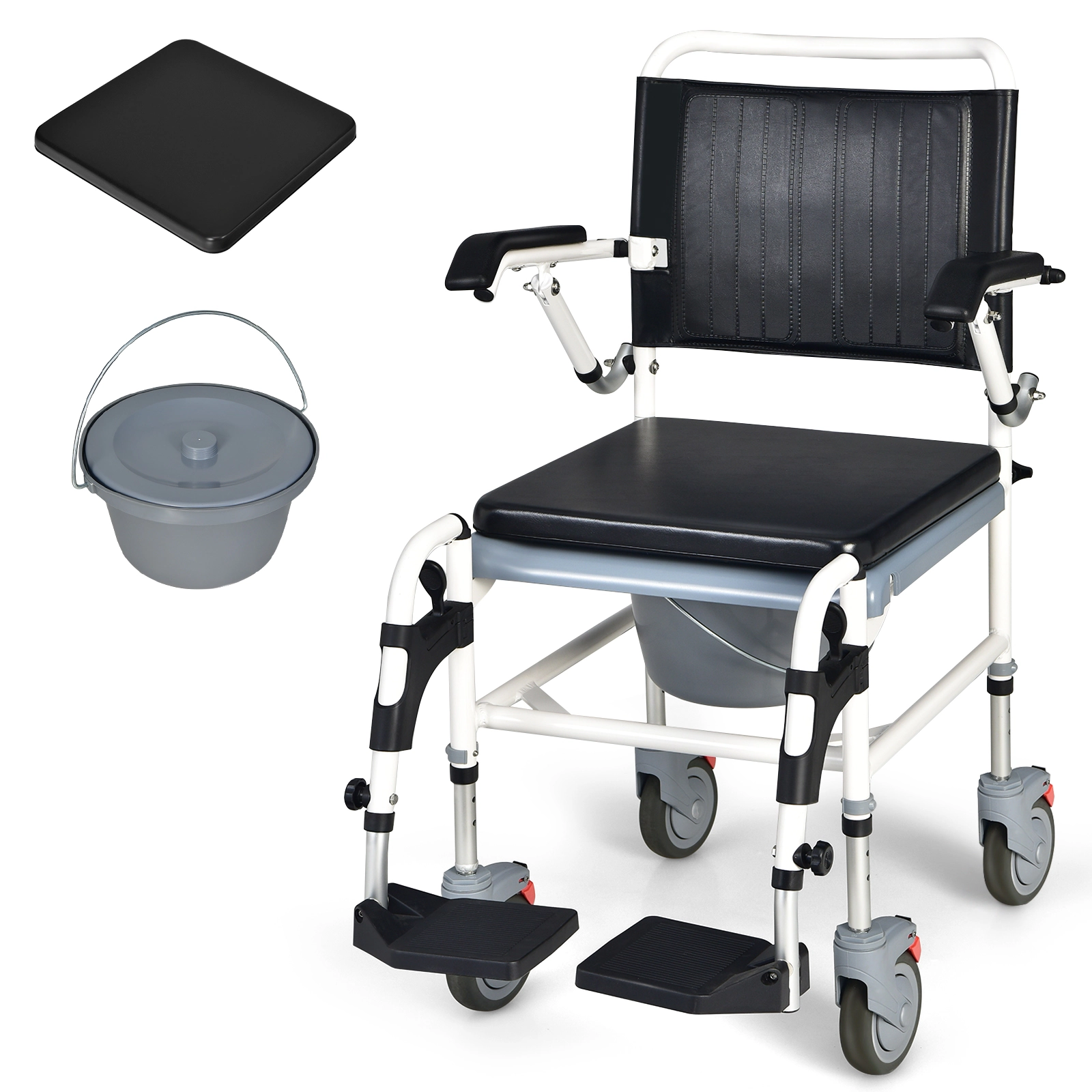 SUGIFT 300-lb Capacity 4-in-1 Bedside Commode Wheelchair with Detachable Bucket Lid and Locking Wheels
