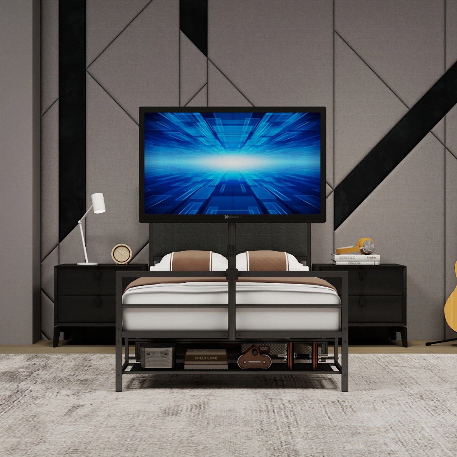 Flynama Twin Gaming Bed with Rotating TV Mount for 65" TVs, LED & Power Board