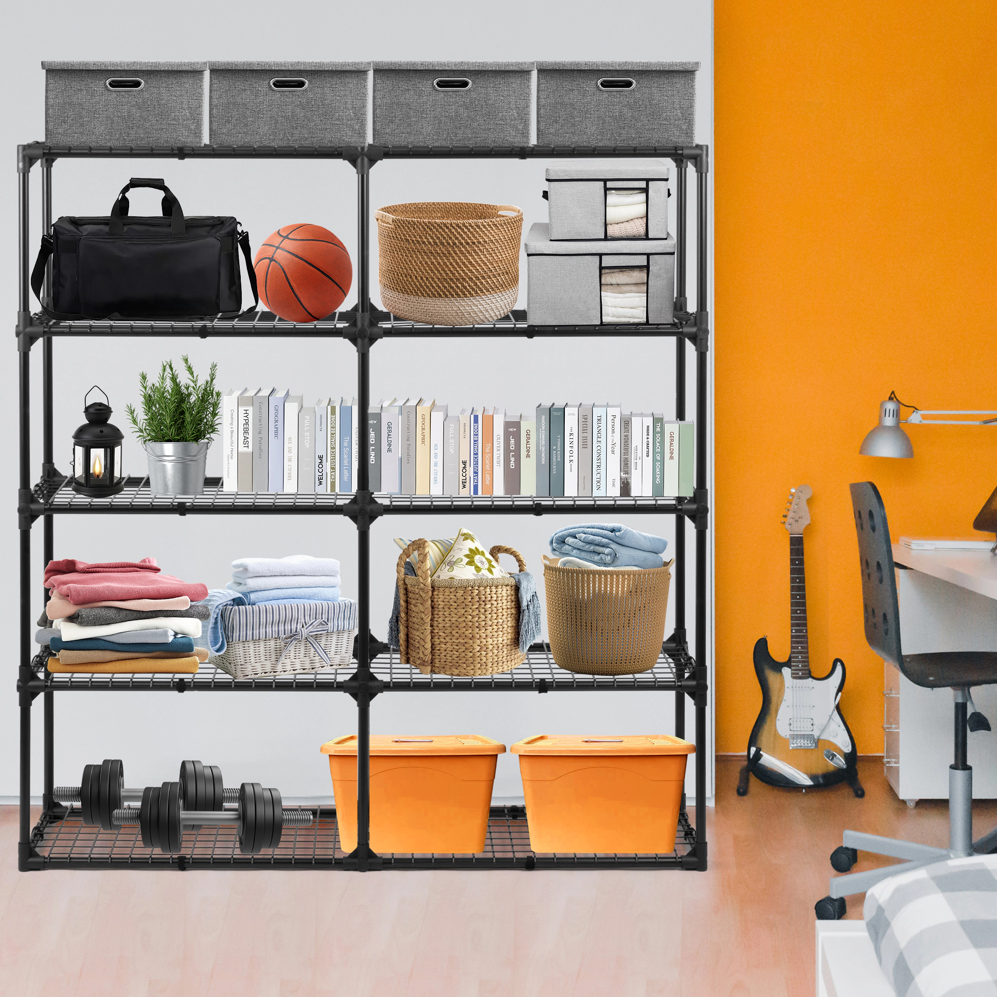 Flynama 4 Tier Black Steel Utility Shelving 57W x 45H in Heavy Duty Storage Rack for Home Office and Garage