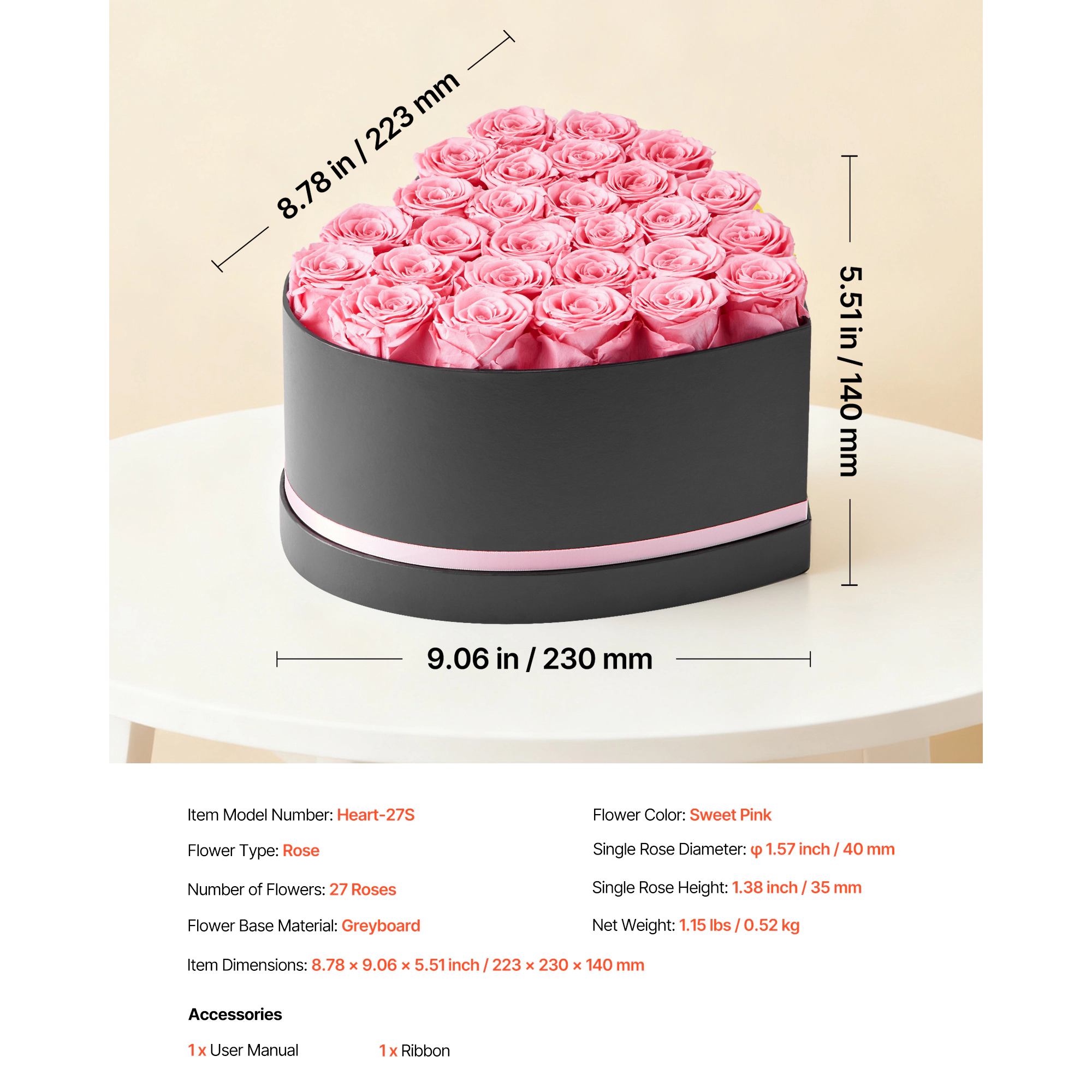 HONGGE Forever Flowers 27 Preserved Roses Heart Shape Box Eternal Immortal Bouquet Birthday Present for