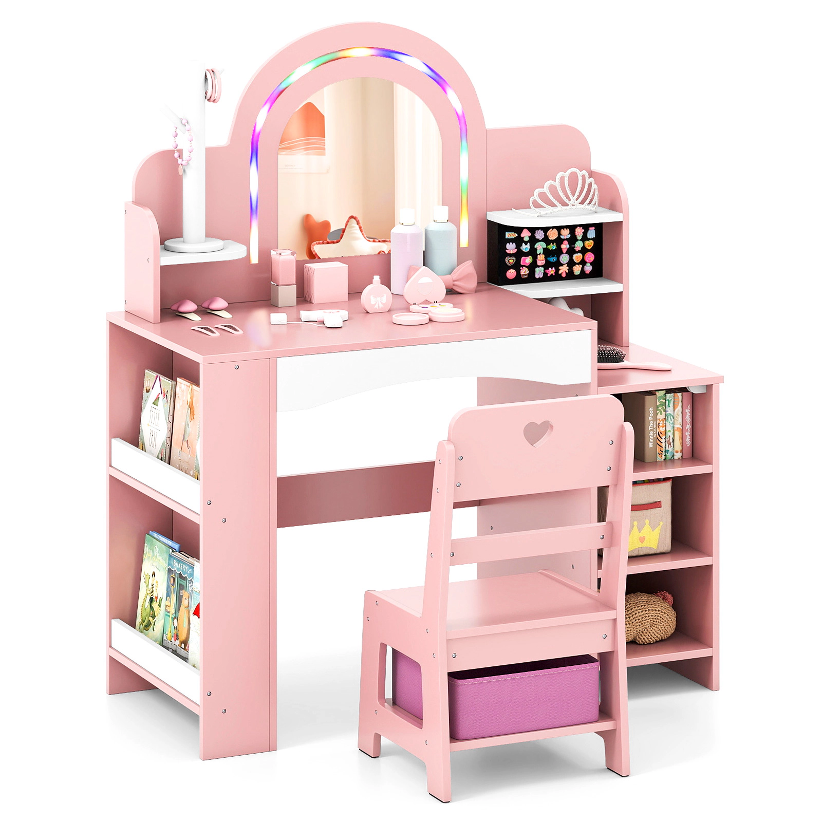 SUGIFT LED Lighted Mirror Jewelry Holder and Chair Kids Vanity Table Set