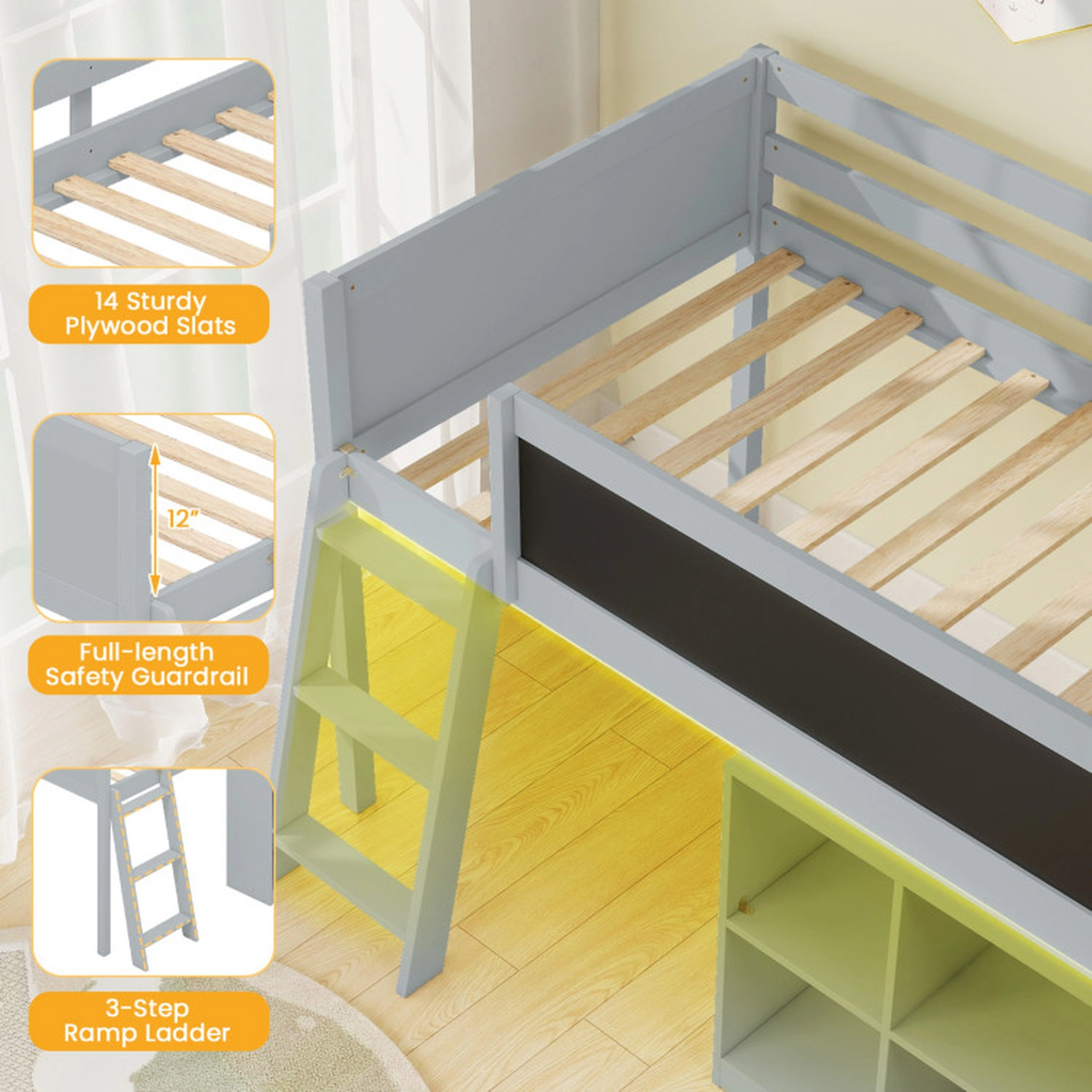 SUGIFT Gray RGB LED Lights Removable Bookcase and Chalkboard Twin Kids Loft Bed