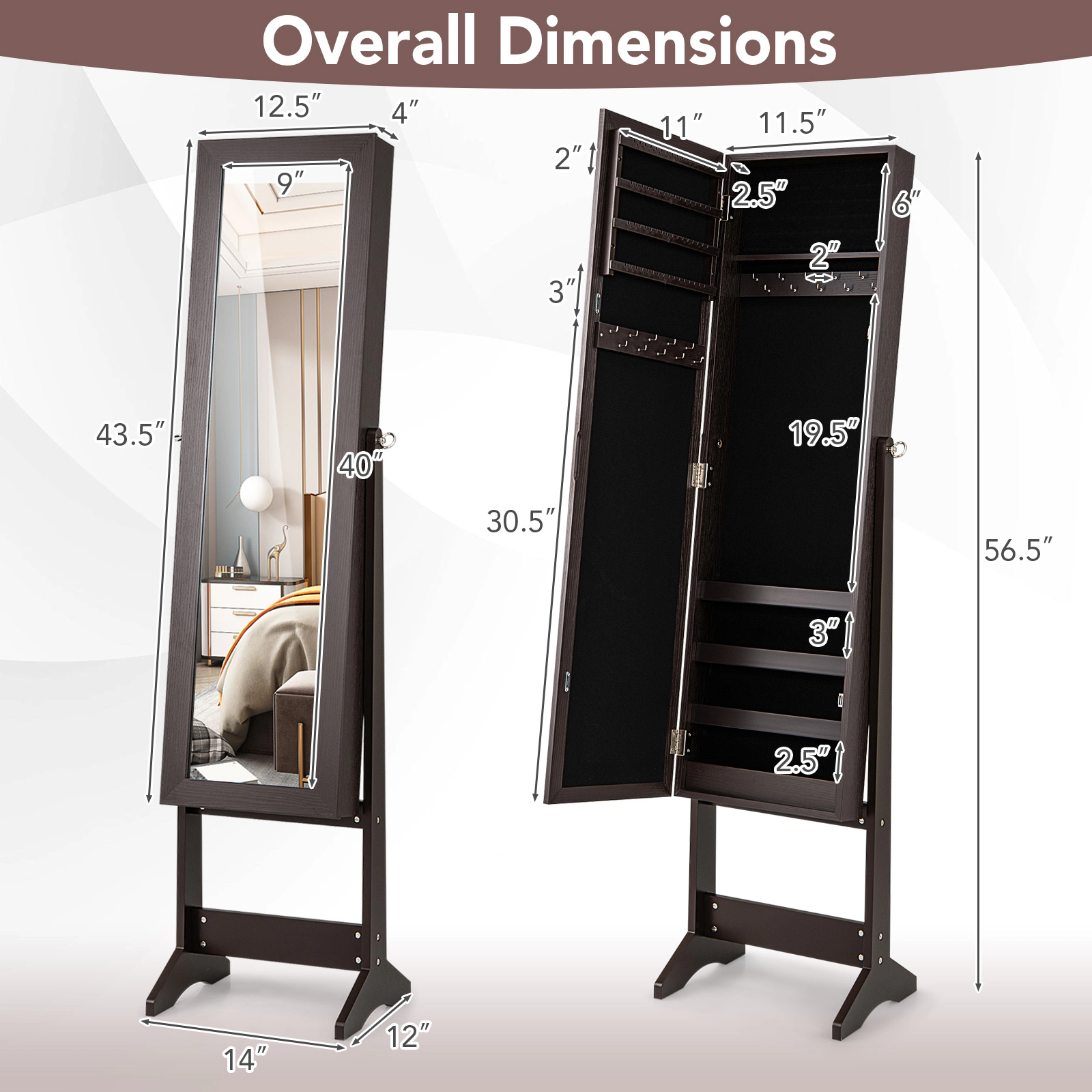 SUGIFT Rustic Brown Mirrored Standing Jewelry Cabinet Storage Box with 41-in Dressing Mirror and MDF Body