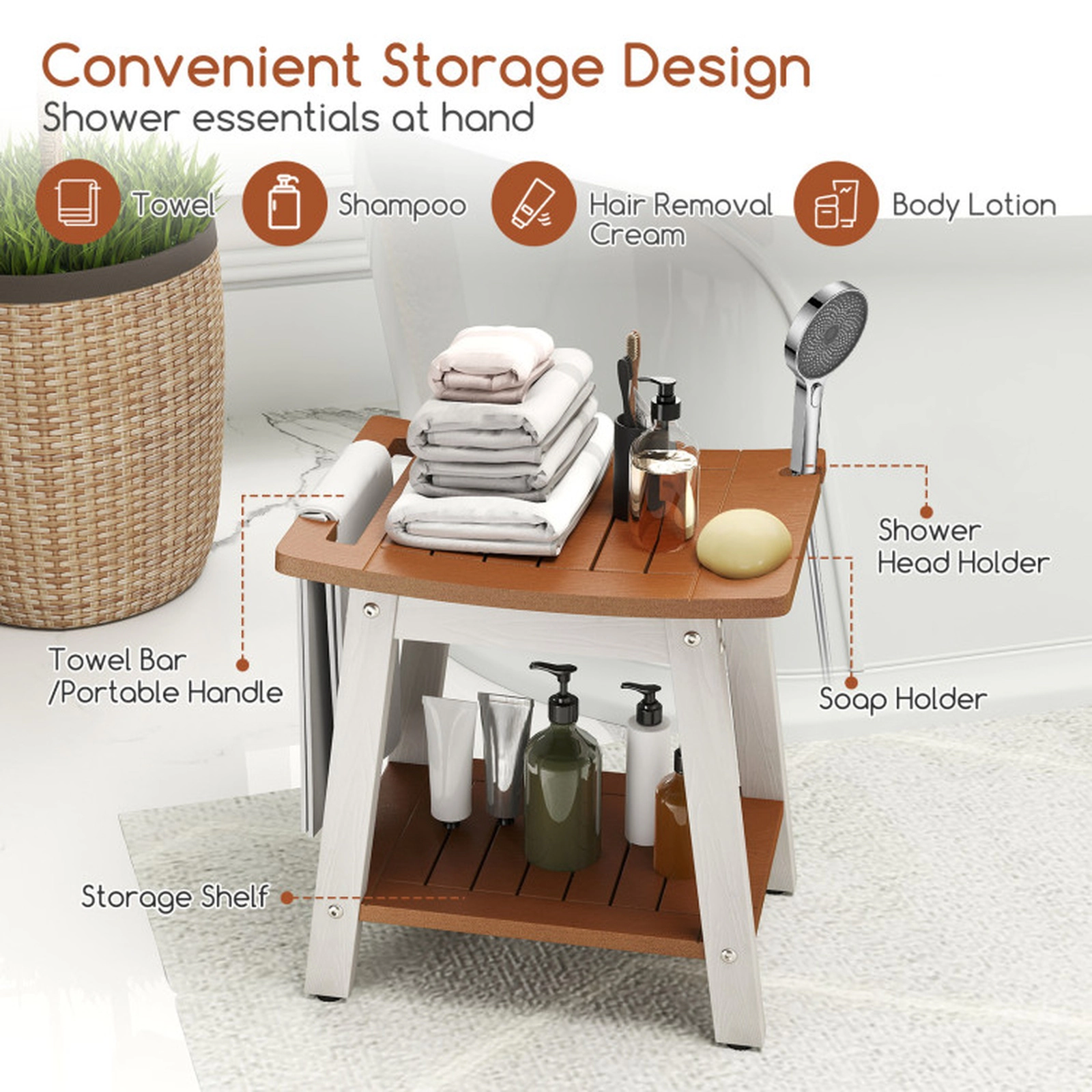 SUGIFT Sprayer Holder Storage Shelf White Legs Polystyrene Shower Bench 16-in x 12.5-in x 17-in 330-lb Capacity Brown