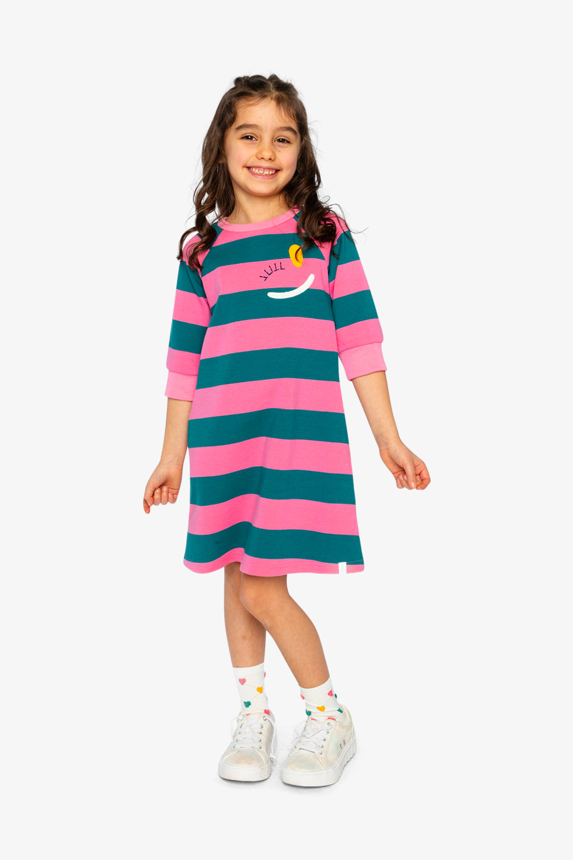 Deux par Deux Girls Embroidered Short Sleeve Engineer Stripe Dress
