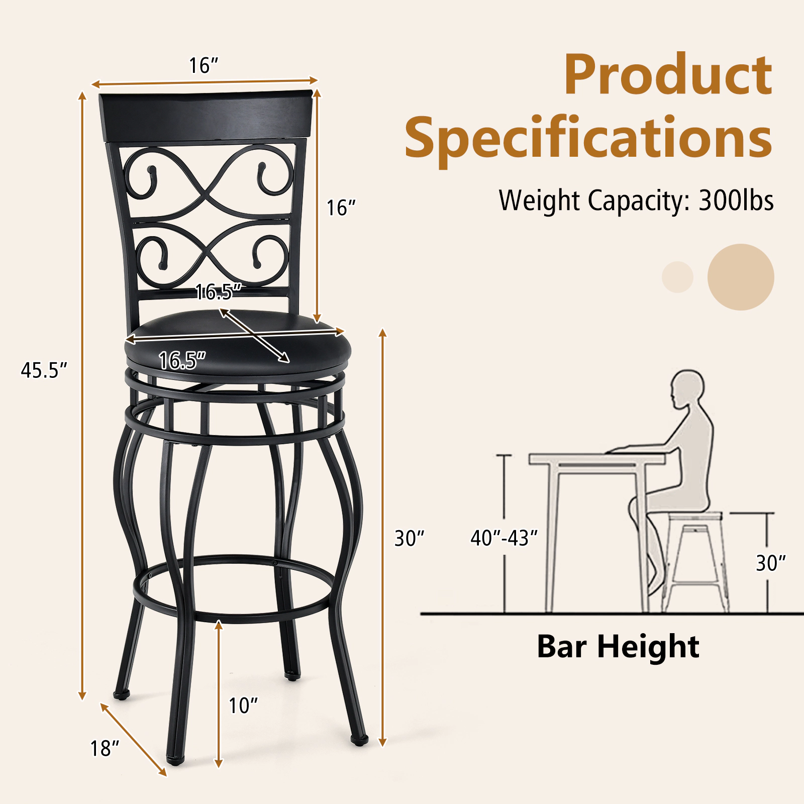 Glintex 2-Piece 30-Inch Swivel Bar Stool Set with Wide Padded Backrest