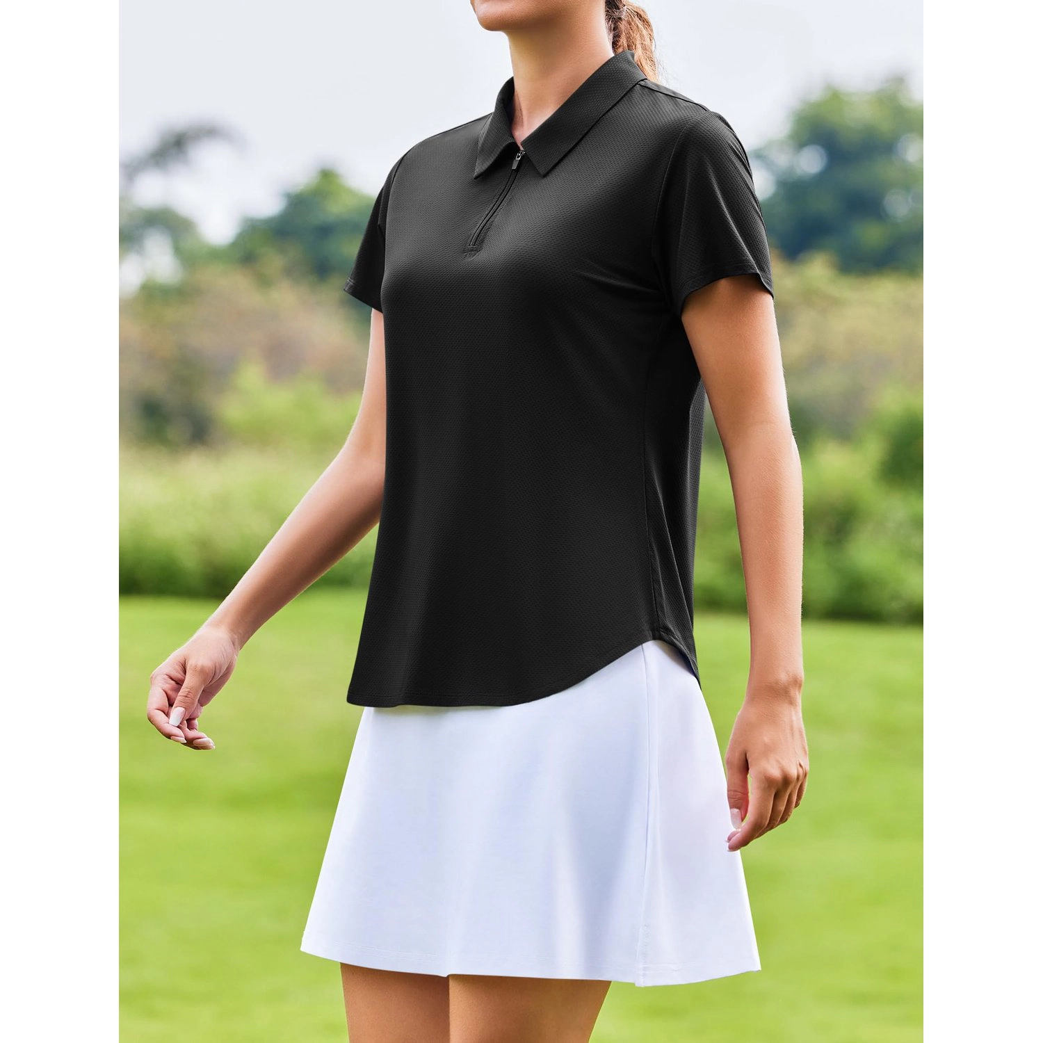 Pinspark Womens White Solid Short Sleeve Polo Shirts Quarter Zip Casual Golf Tops