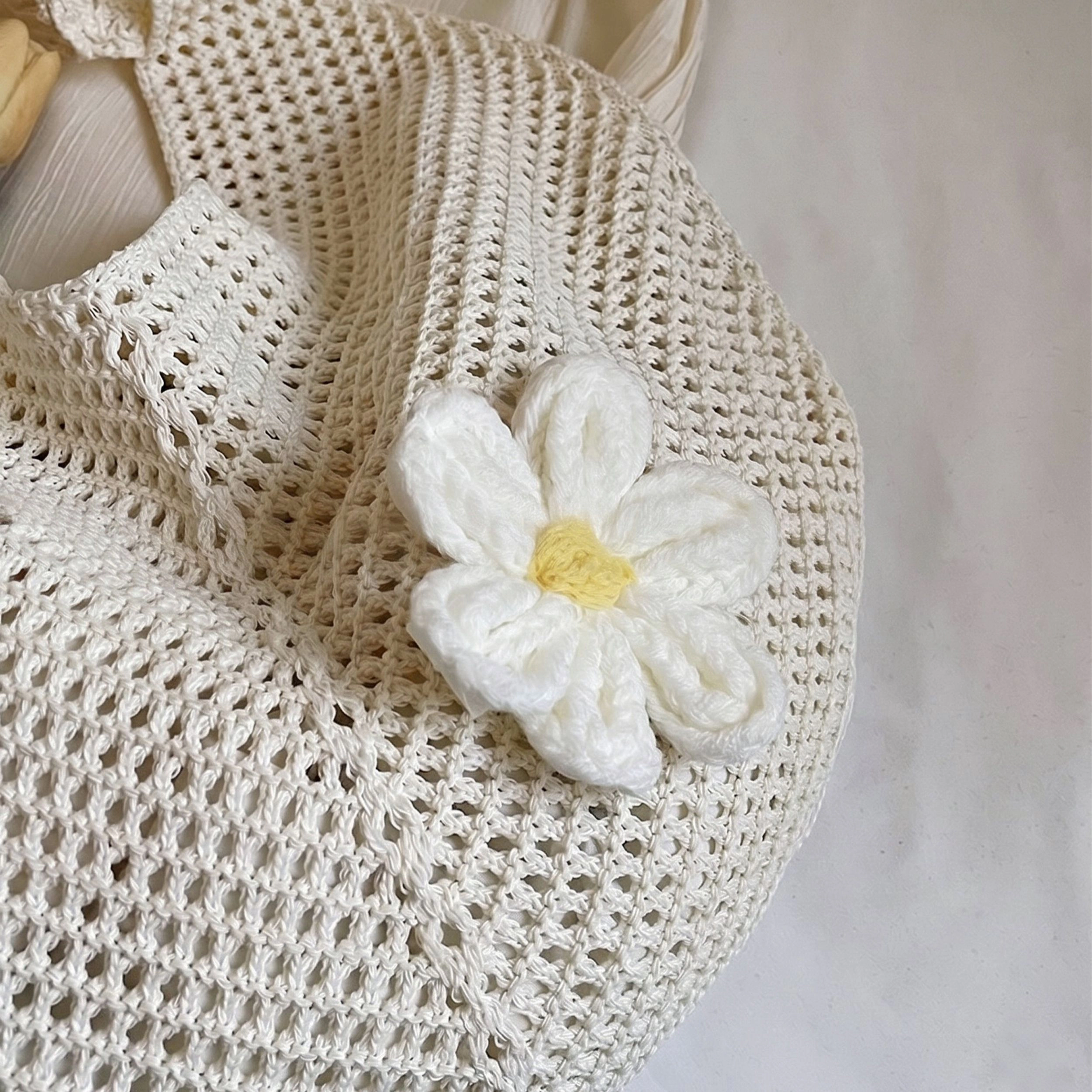 Alilang Women's Woven Crochet Hobo Shoulder Bag Lightweight Knit Slouchy Tote with Flower Detail, Beige