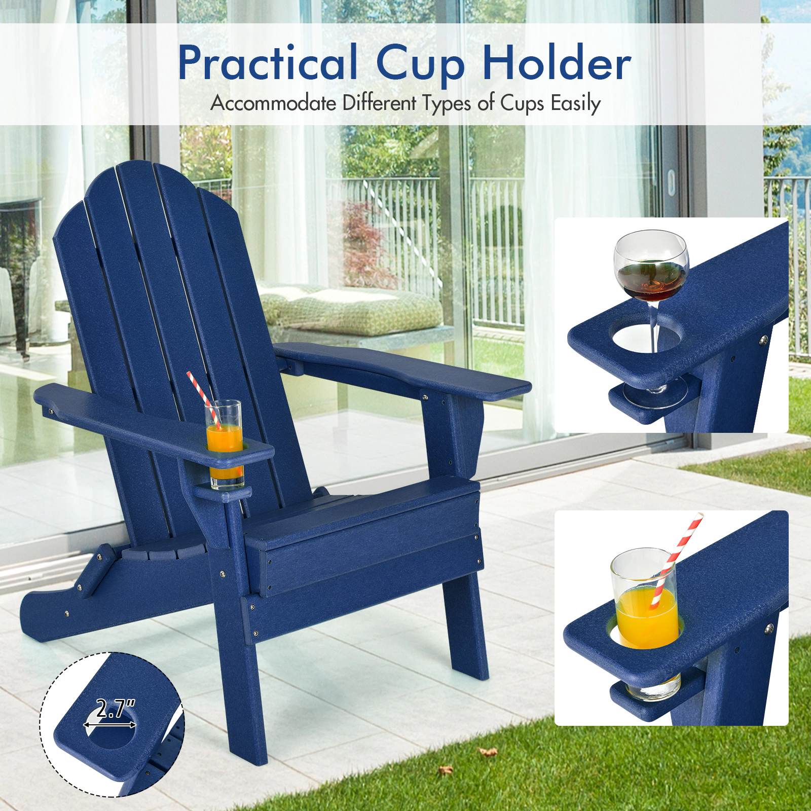 SUGIFT Foldable Patio Chair, Navy, Built-In Cup Holder, Fade-Resistant PE, 330 lb Capacity