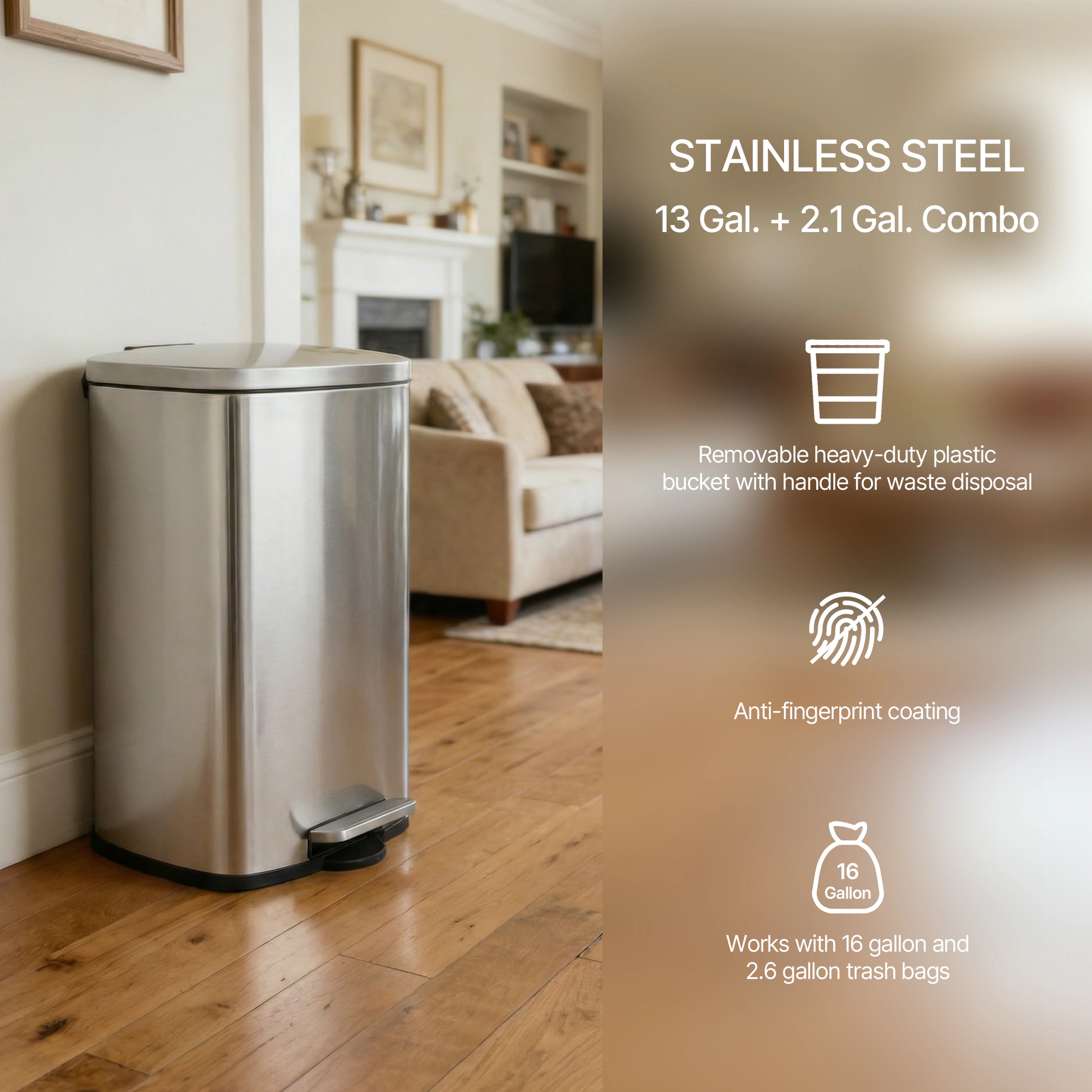 Innovaze 13 +2.1 Gal./50+8 Liter Stainless Steel Step-on Trash Can Set for Kitchen and Bathroom