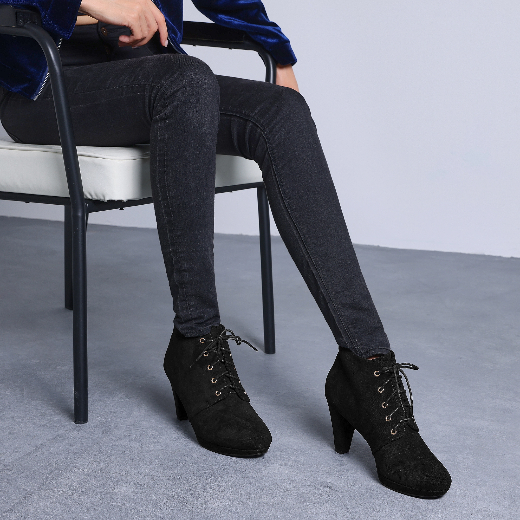 BLISSFUL STEP Women Faux Suede Lace Up Platform Chunky Heel Ankle Booties