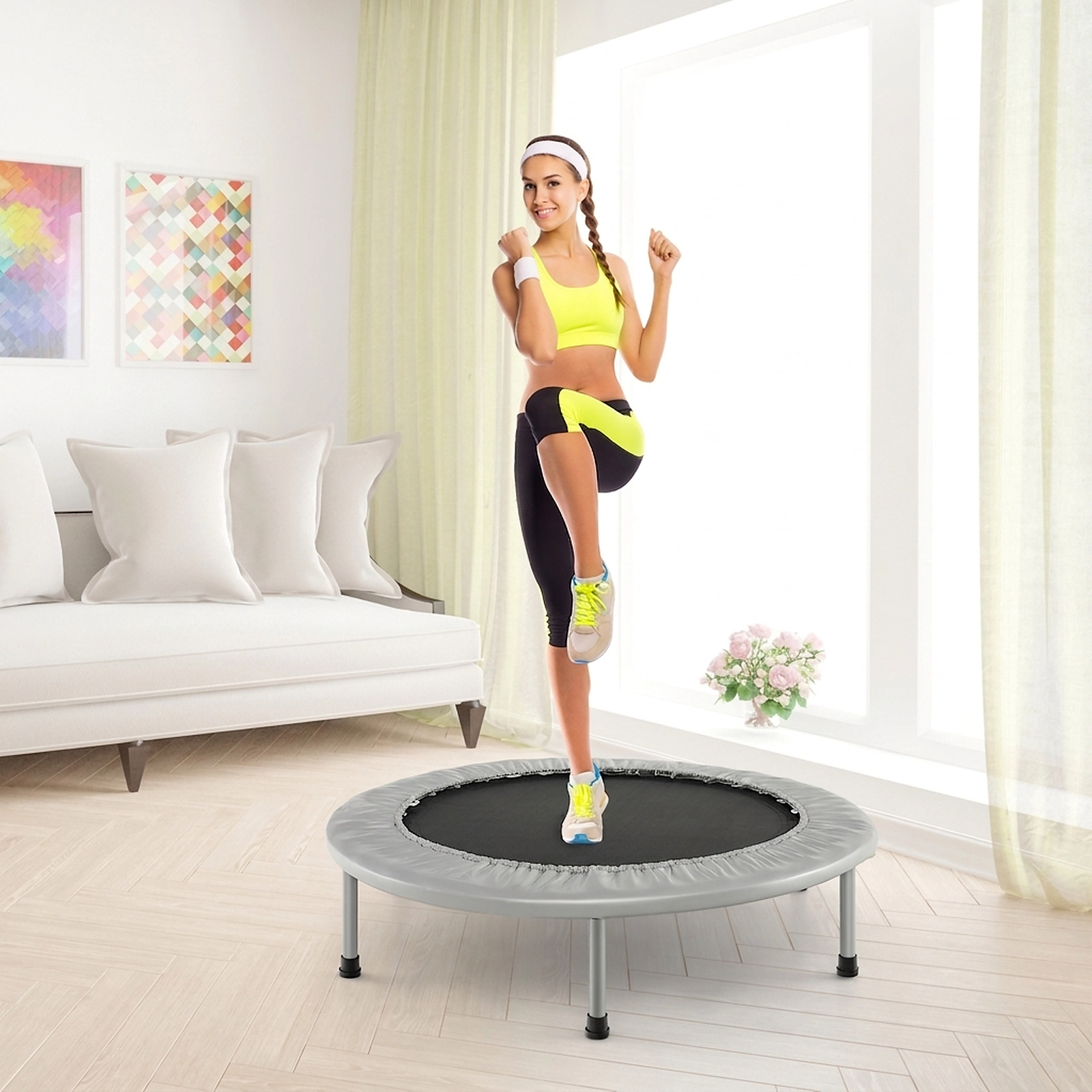38-in Mini Trampoline Adults Folding Rebounder Trampoline 330-lb Capacity 32 Springs 6 Legs Fitness Gray