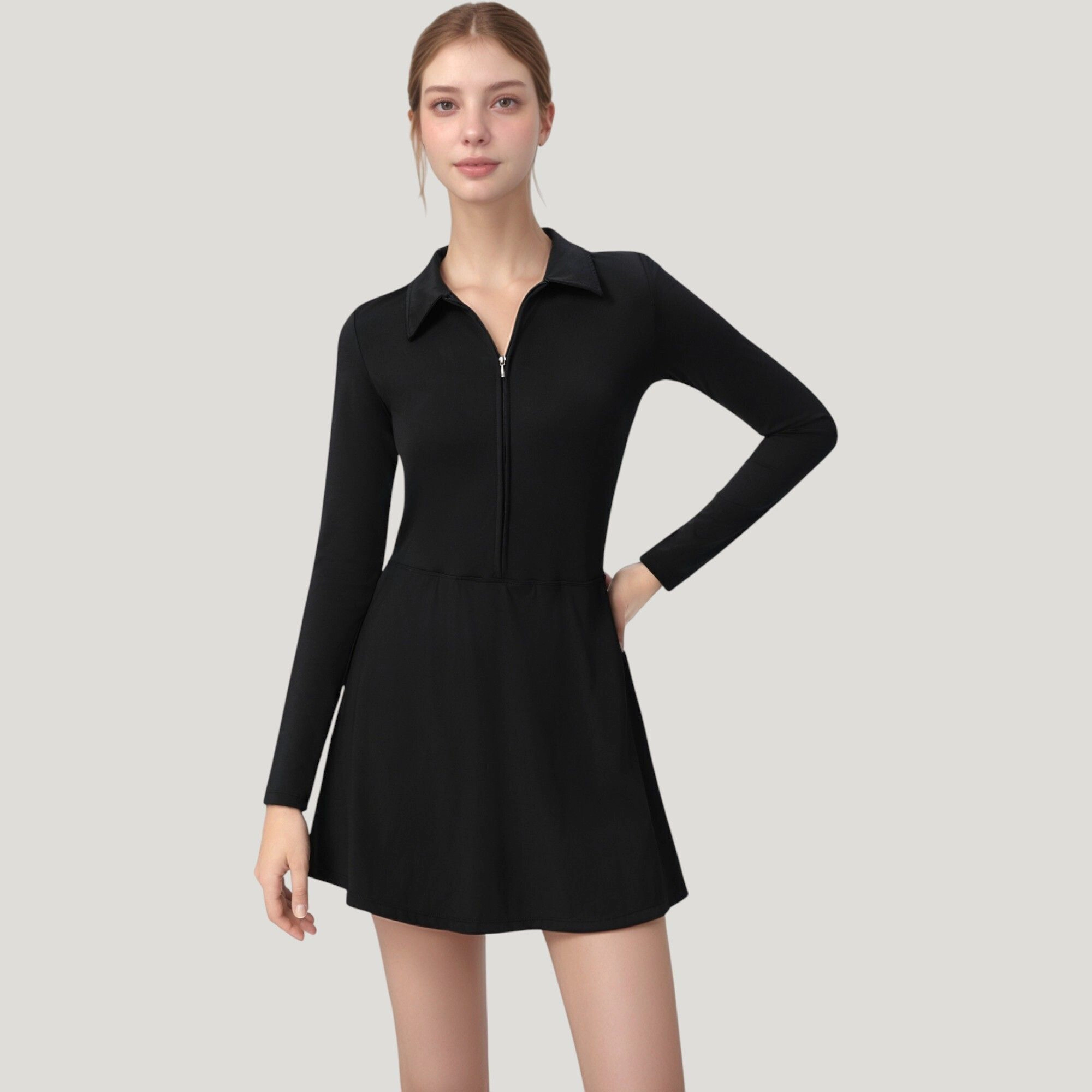 Anna-Kaci Women's Active Dress with Zip Front Closure and Pointed Collar
