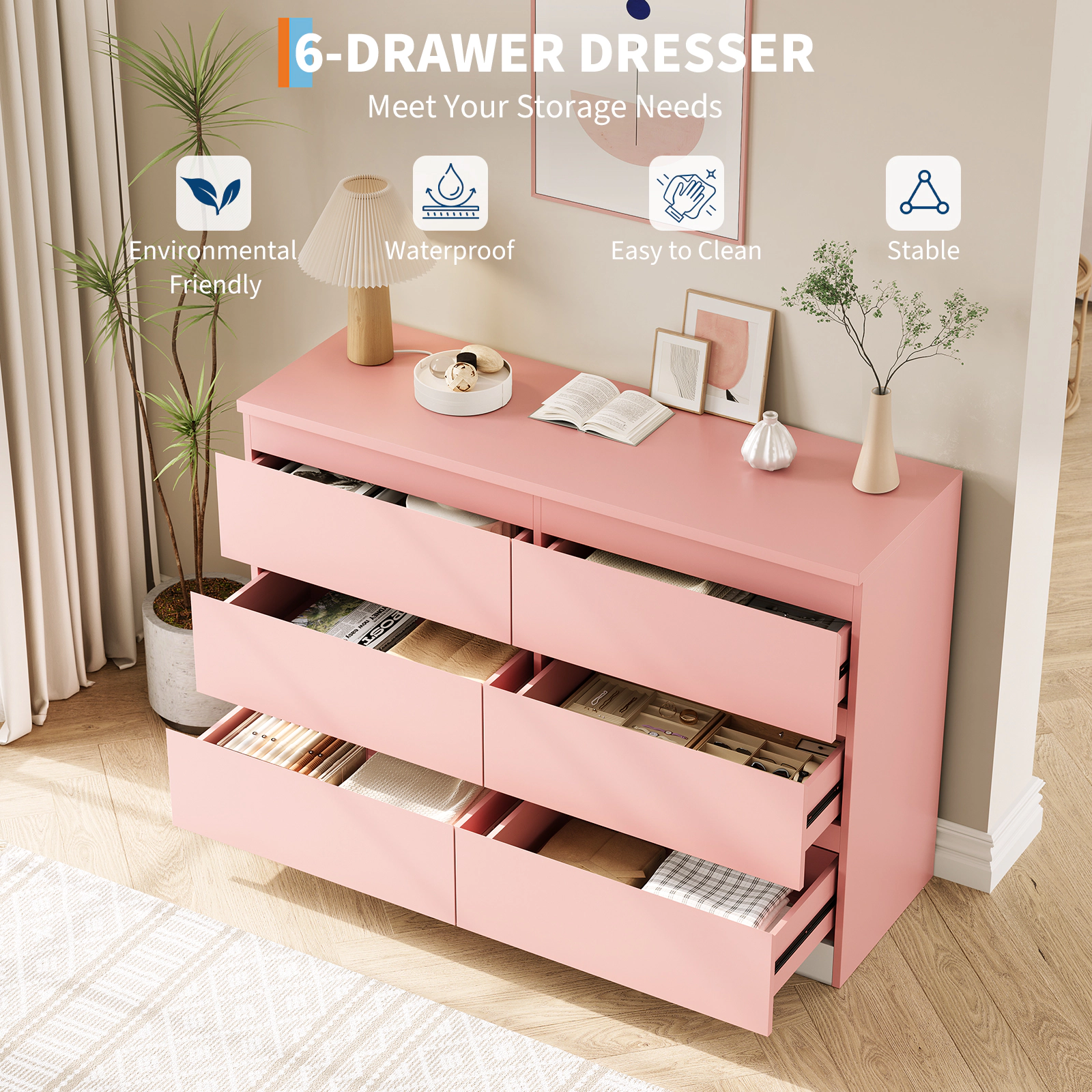 Modern 6 Drawer Dresser, Stylish Lacquered Wood Storage for Bedroom, Living Room, Entryway