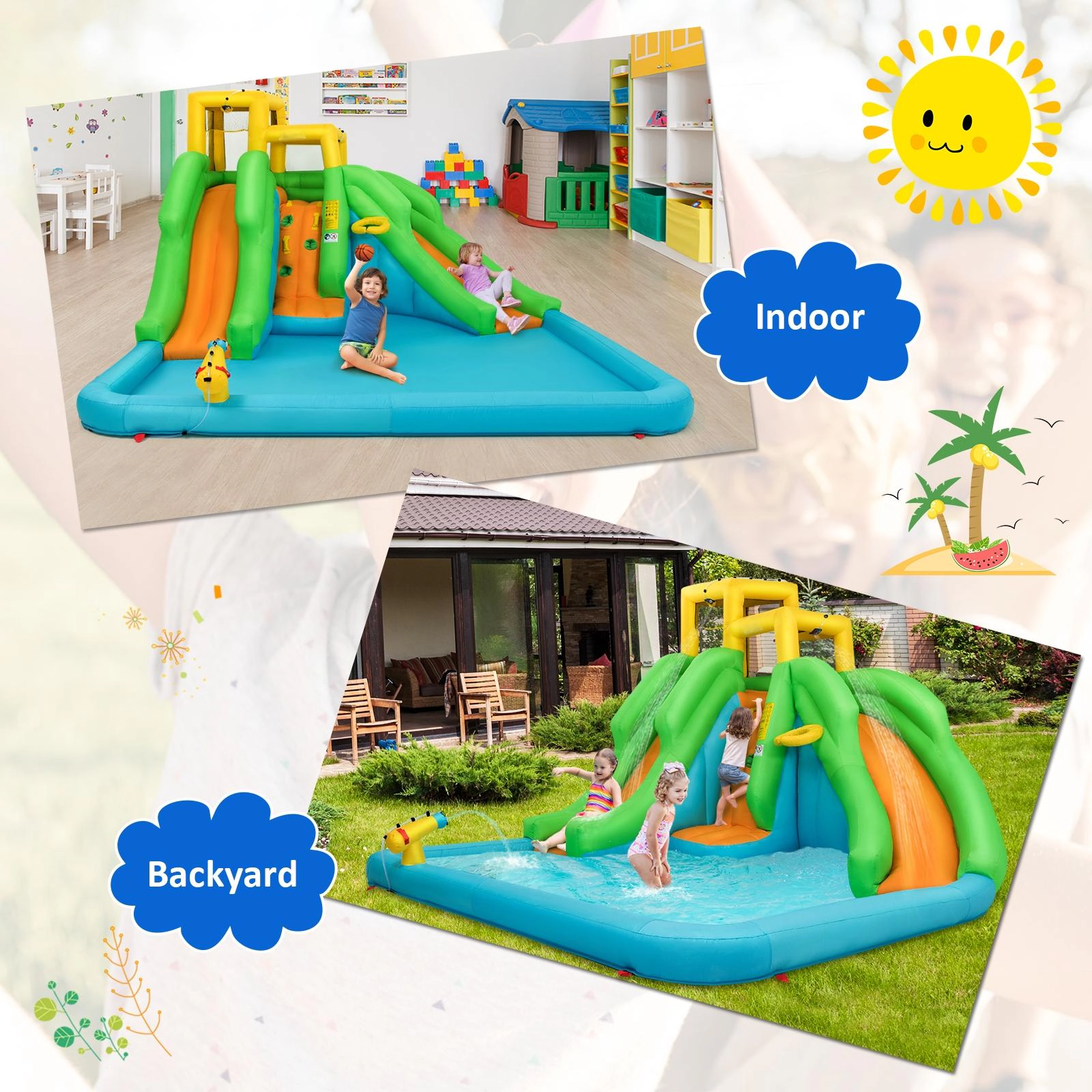 SUGIFT Kids Inflatable Water Park Bounce House with 480W Blower 350-lb Capacity Ages 3-10