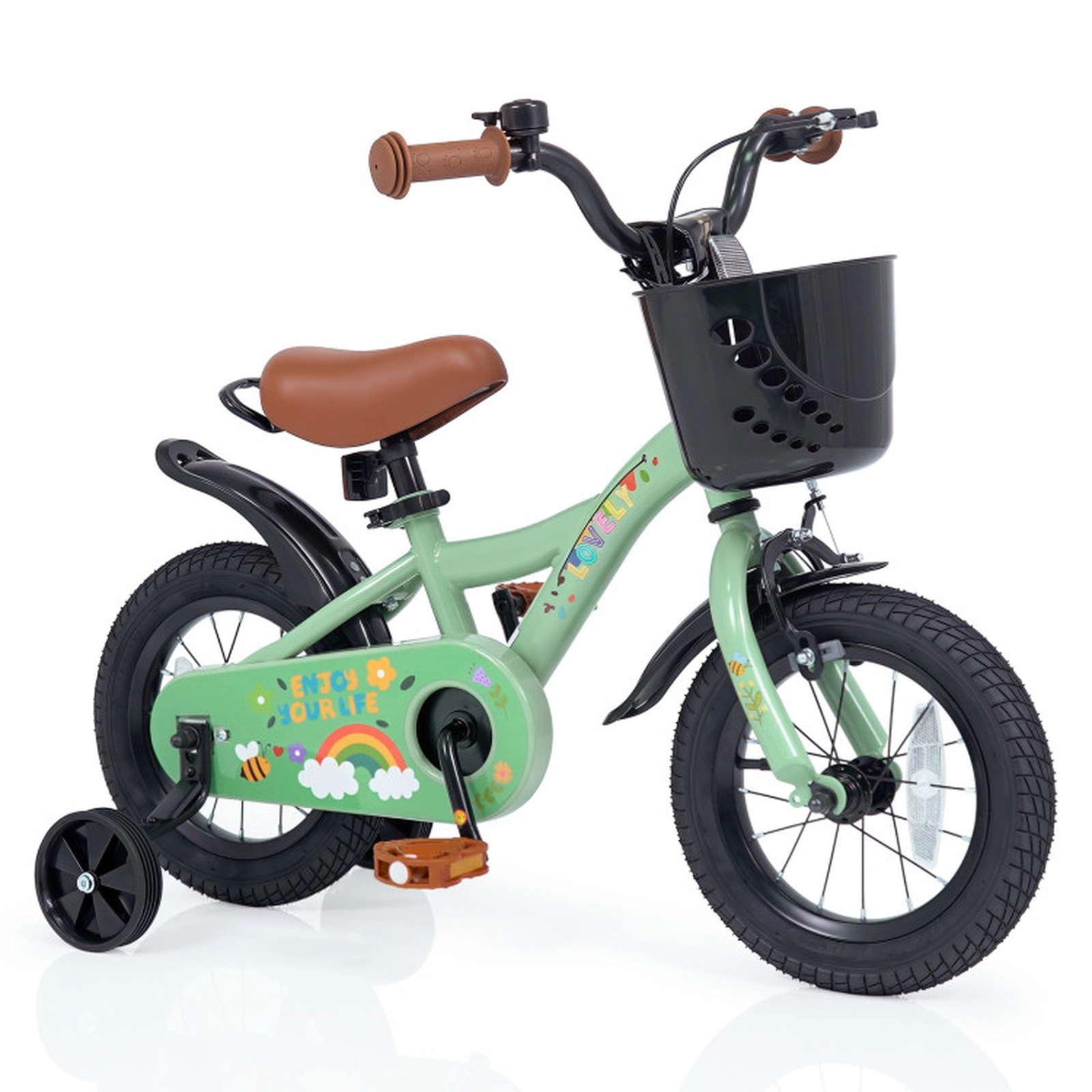 SUGIFT Green Training Wheels Front Basket Brown Saddle and Bell Girls 12 Inch Bike