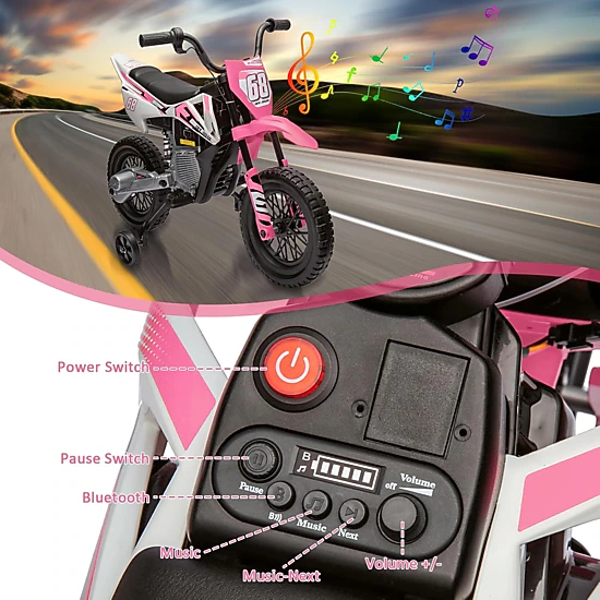 Enjyam 12V Kids Electric Motorcycle w/Training Wheels, Dirt Bike Ride On Toy w/Twist Throttle, Music, 3 MPH Max