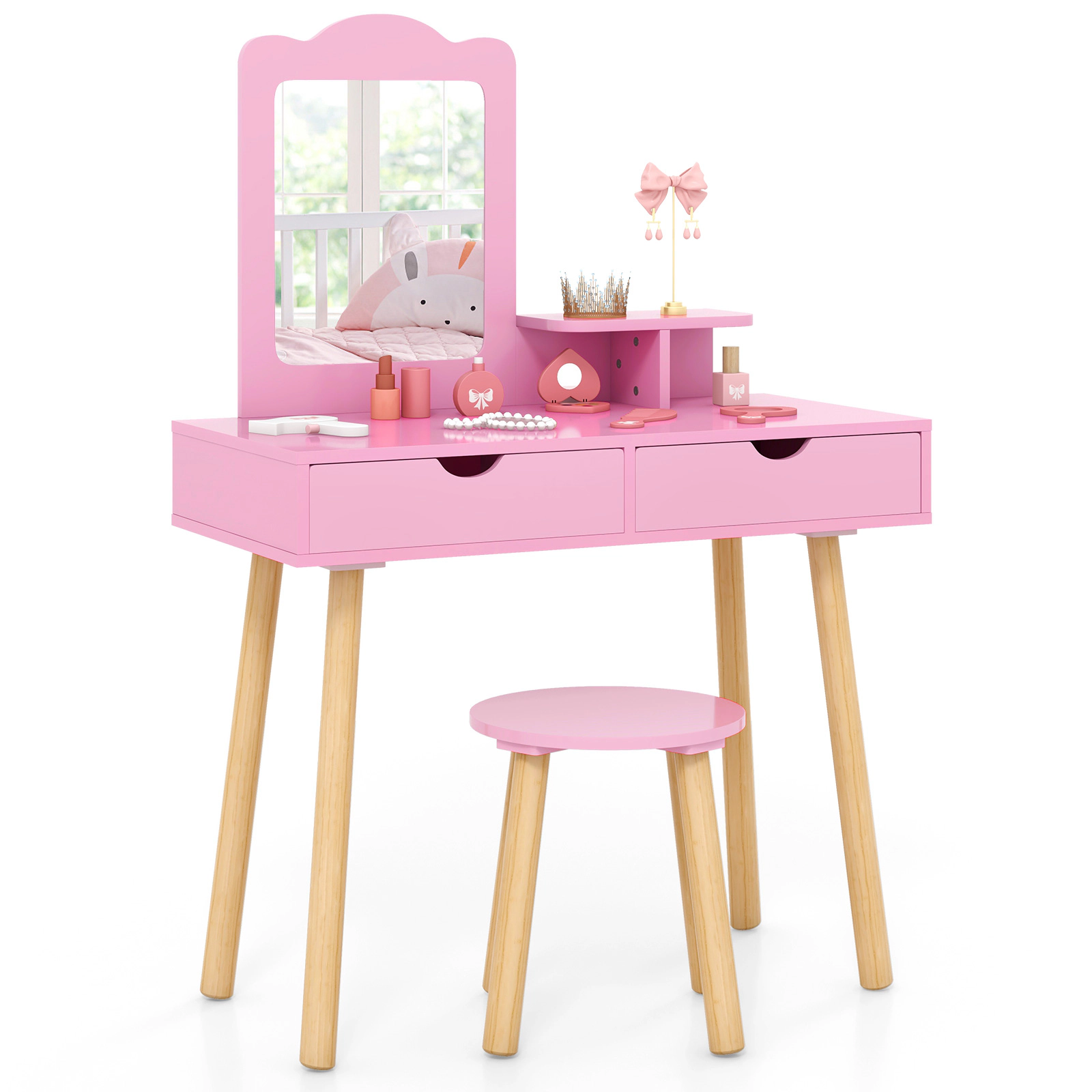 SUGIFT Removable Mirror and 2 Large Storage Drawers Kids Vanity Table Stool Set