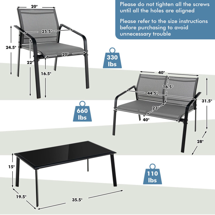Hivvago 4 Pieces Patio Furniture Set With Armrest Loveseat Sofas And Glass Table Deck