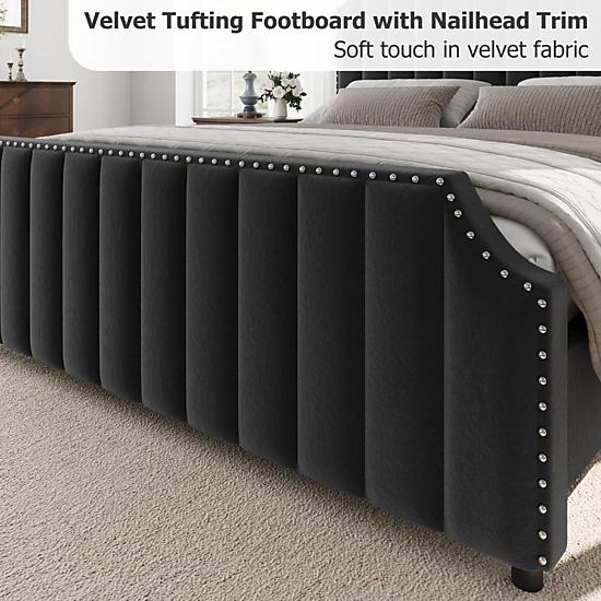 BebreezChic Upholstered Velvet Channel Tufted Tall Headboard Nailhead King Platform Bed Frame