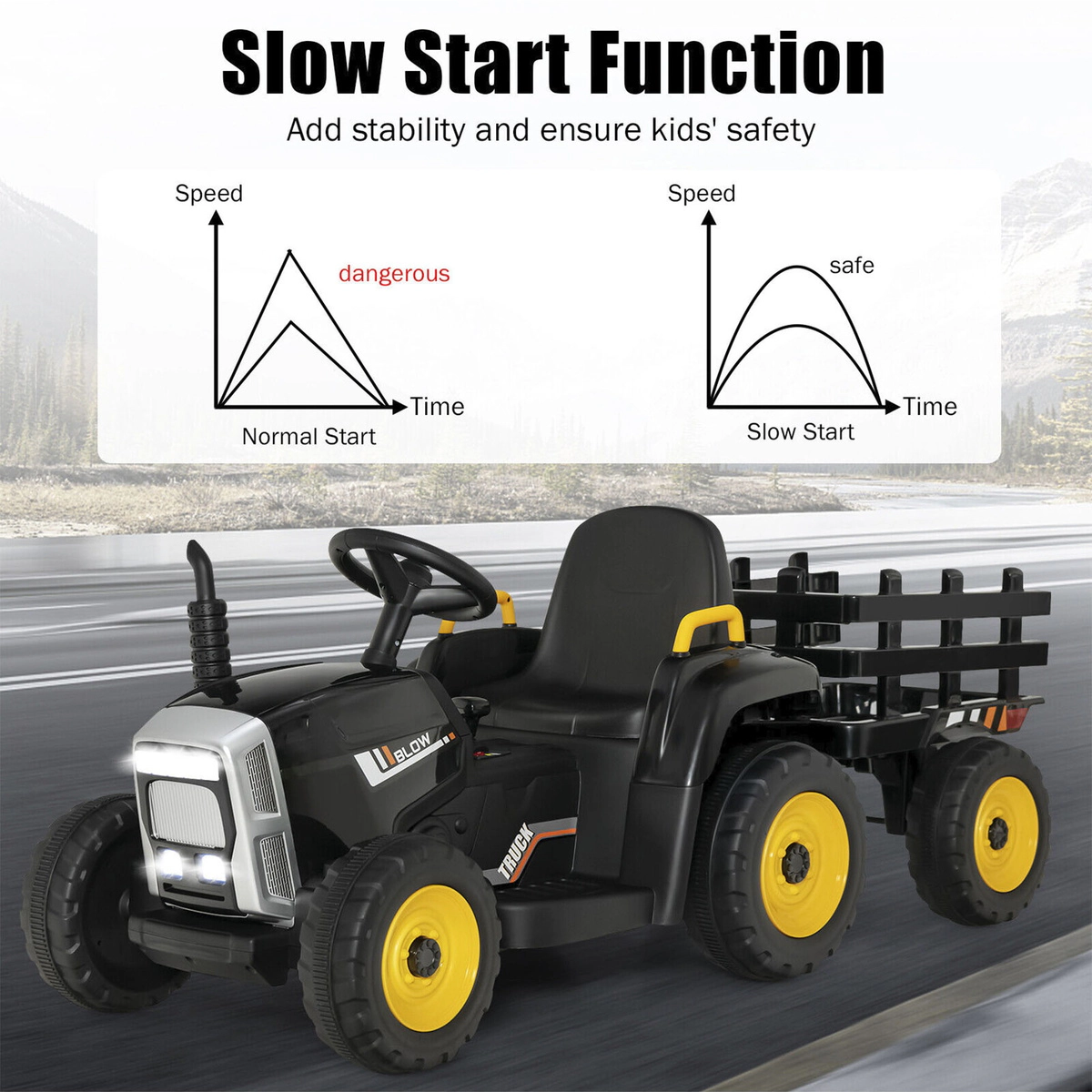 SUGIFT 12V Black Kids Ride-On Tractor with Detachable Trailer 3 Gear Shift and Remote 66-lb Rider Capacity