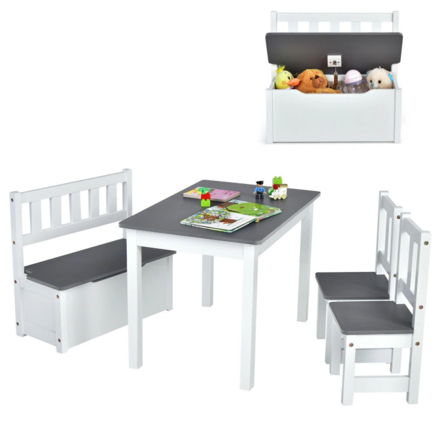 Hivvago 4 Pieces Kids Wooden Activity Table And Chairs Set With Storage Bench Study Desk