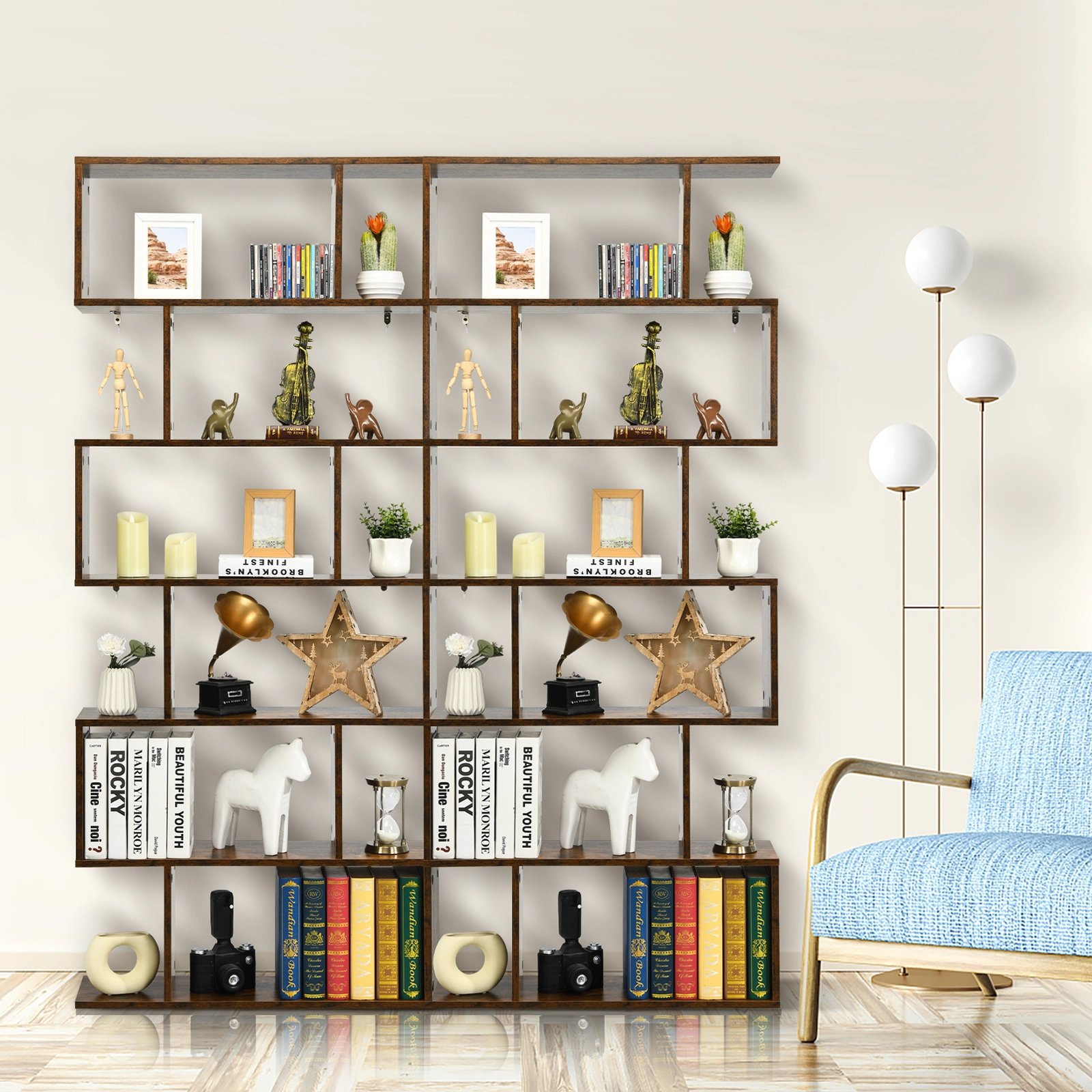 SUGIFT 6-Tier Coffee 75-in Tall S-Shaped Bookshelf Z-Shelf Storage Display Unit for Living Room