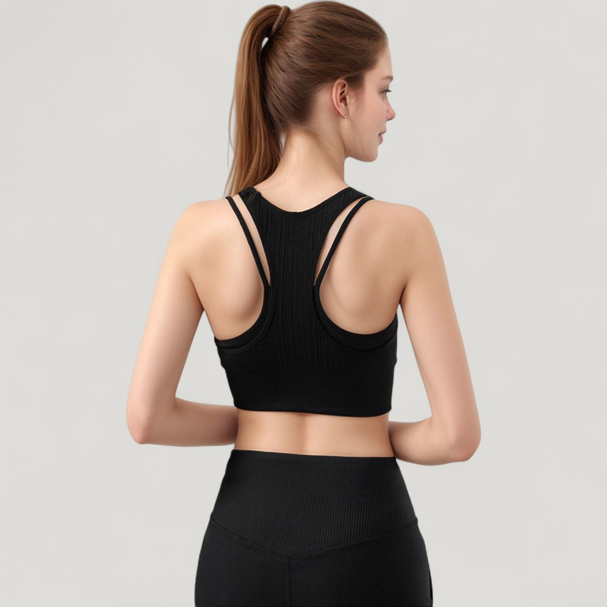 Anna-Kaci Women's Ribbed High Neck Crop Top with Double Strap Detail