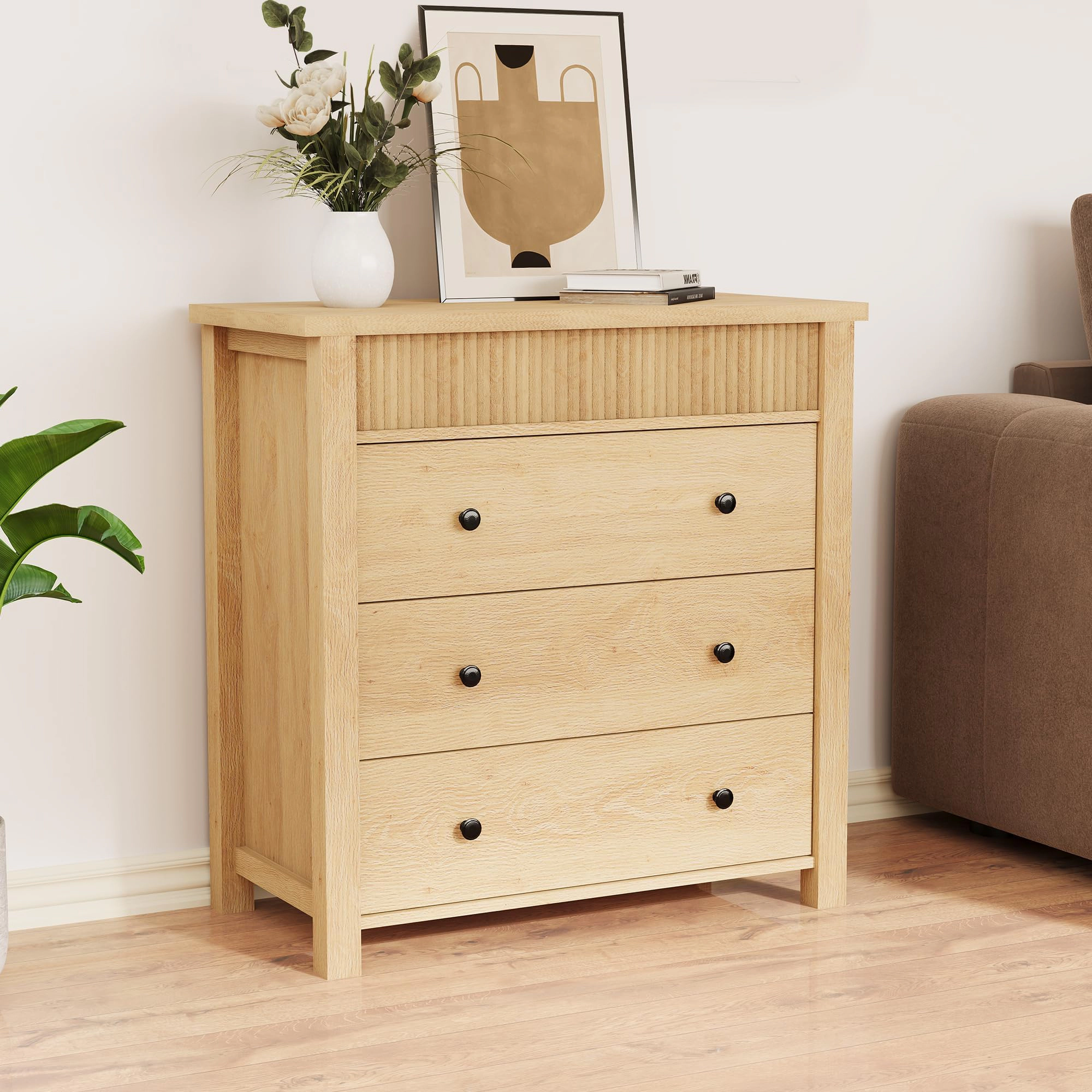 Modern Fluted 3 Drawer Nightstand, Wooden Storage Chest for Bedroom or Living Room