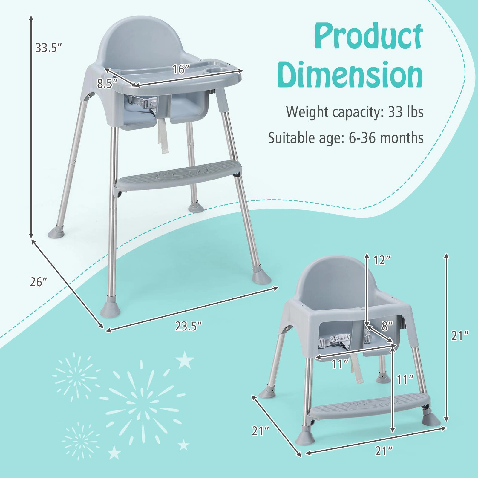 SUGIFT 4-in-1 Convertible Baby High Chair with Removable Double Tray 33-lb Capacity Ages 6-36 Months Gray/White