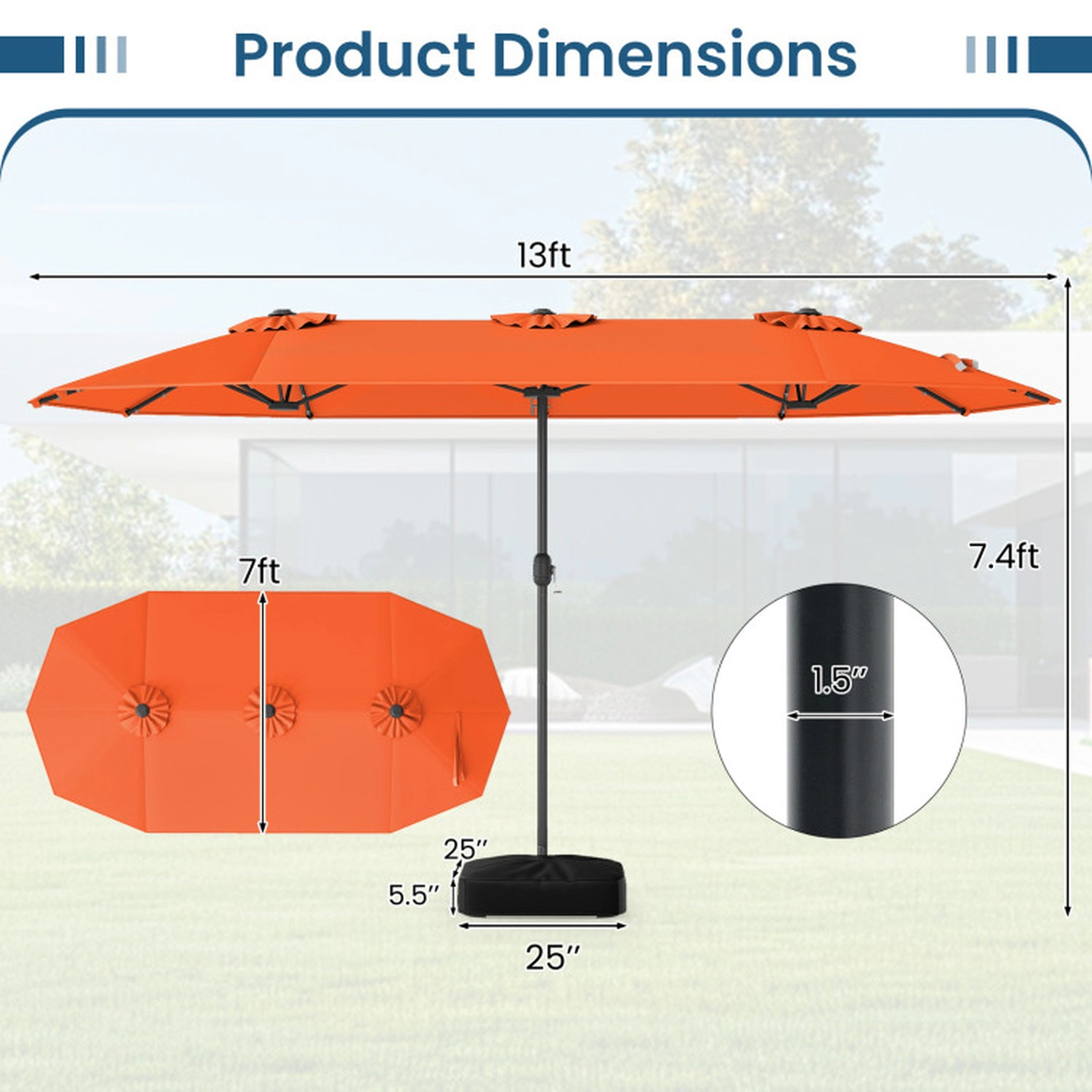 SUGIFT 13-ft Patio Umbrella with Solar Lights and Cross Base 32-lb Net Weight for Garden Pool Backyard Orange