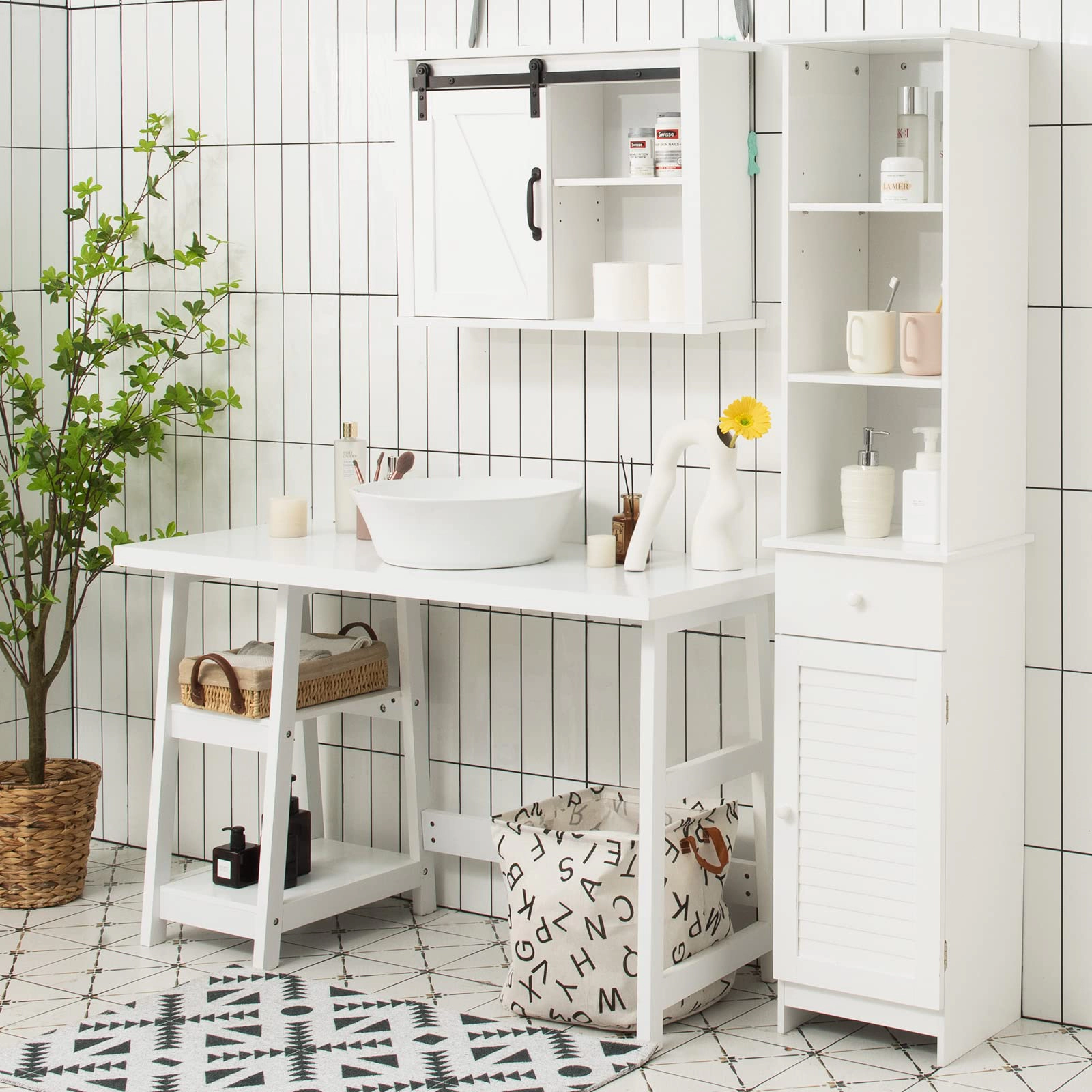 Glintex 64-Inch Tall Bathroom Linen Cabinet with Open Shelves and Drawer, White