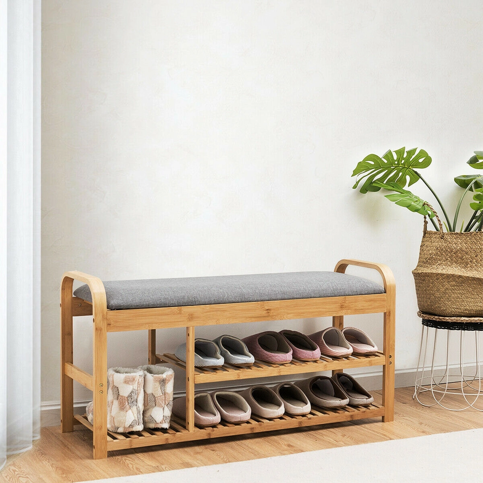 SUGIFT Natural Padded Linen Cushion and Carry Handles 3-Tier 40 Inch Bamboo Shoe Rack Bench