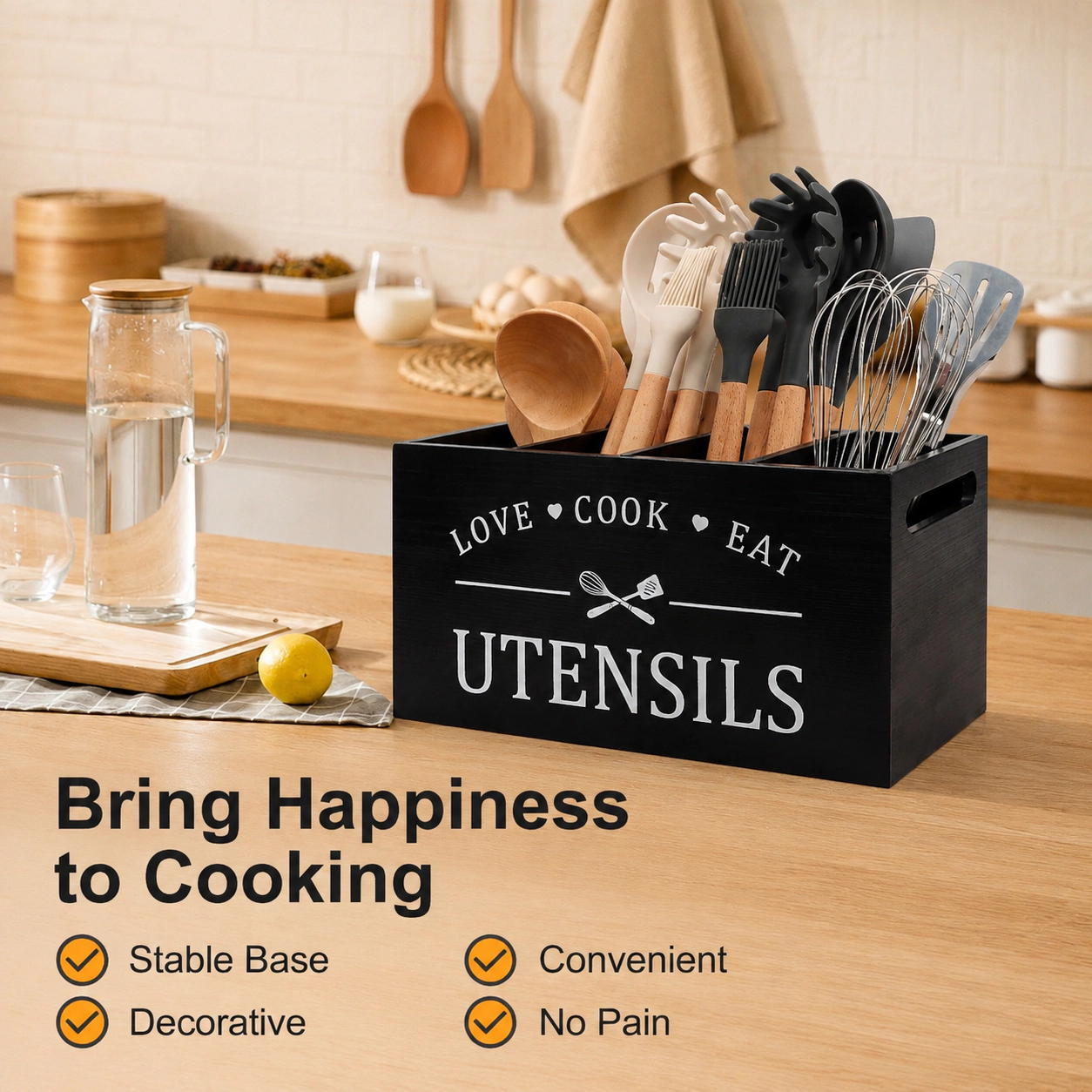 WZK Rustic Wood 4 Compartment Kitchen Utensil Holder