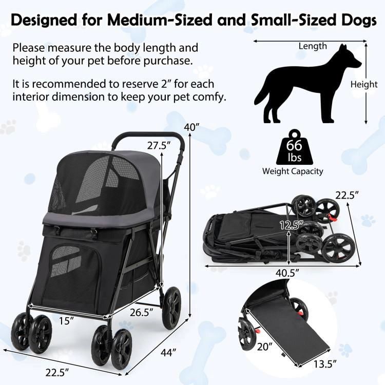 SUGIFT 44 x 40-in 66-lb Capacity Black Foldable Dog Stroller with Detachable Ramp Door and Shock-Absorbing Wheels