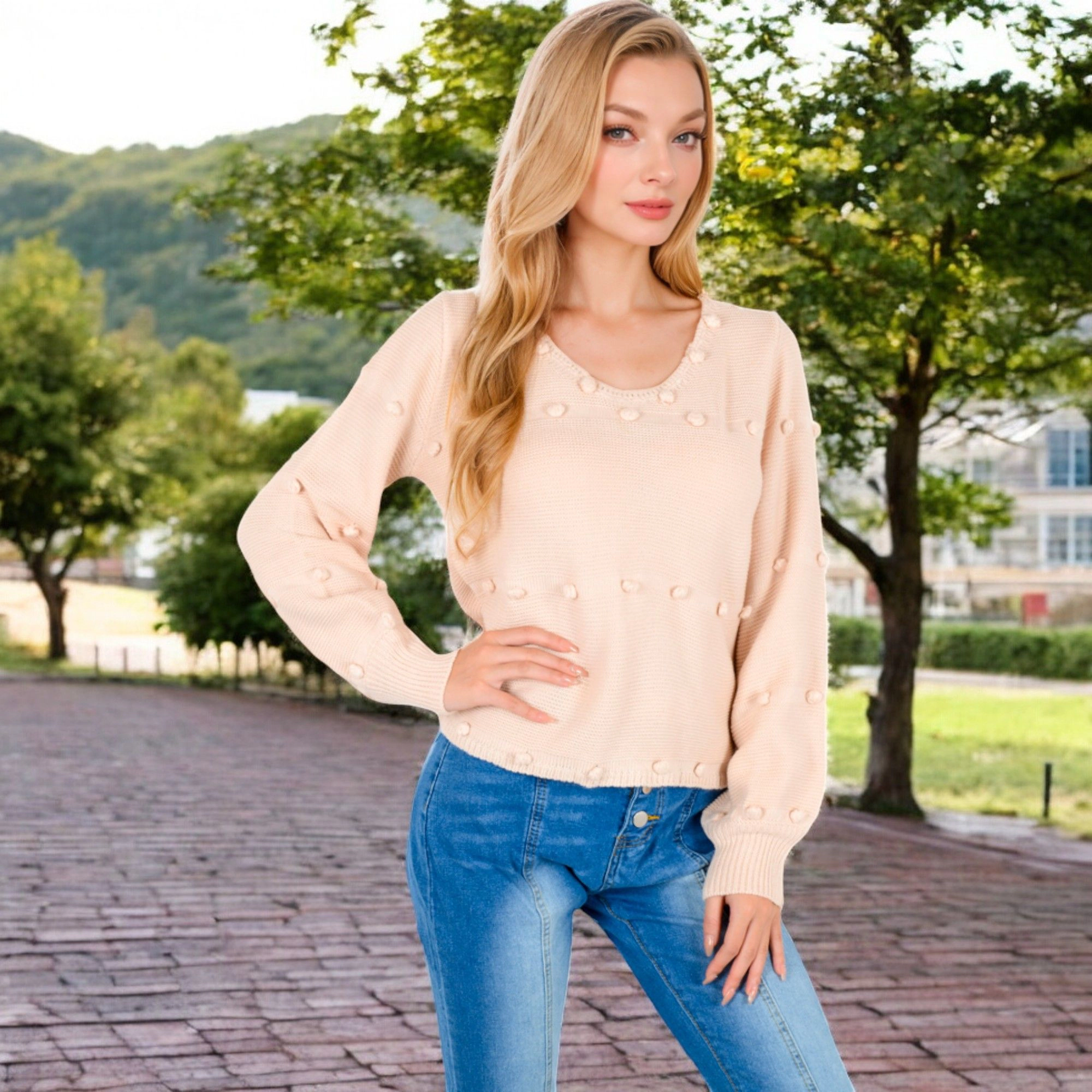 Anna-Kaci Women's Textured Knit Sweater with Pom Detailing