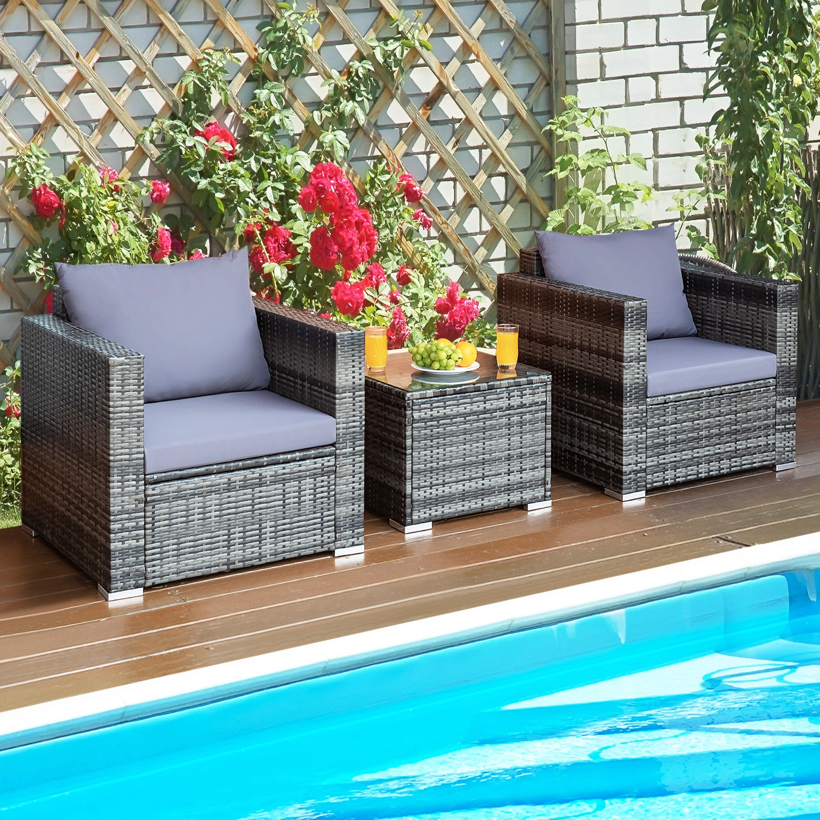 SUGIFT 3 Piece Patio Rattan Bistro Set with Cushions and Tempered Glass Table