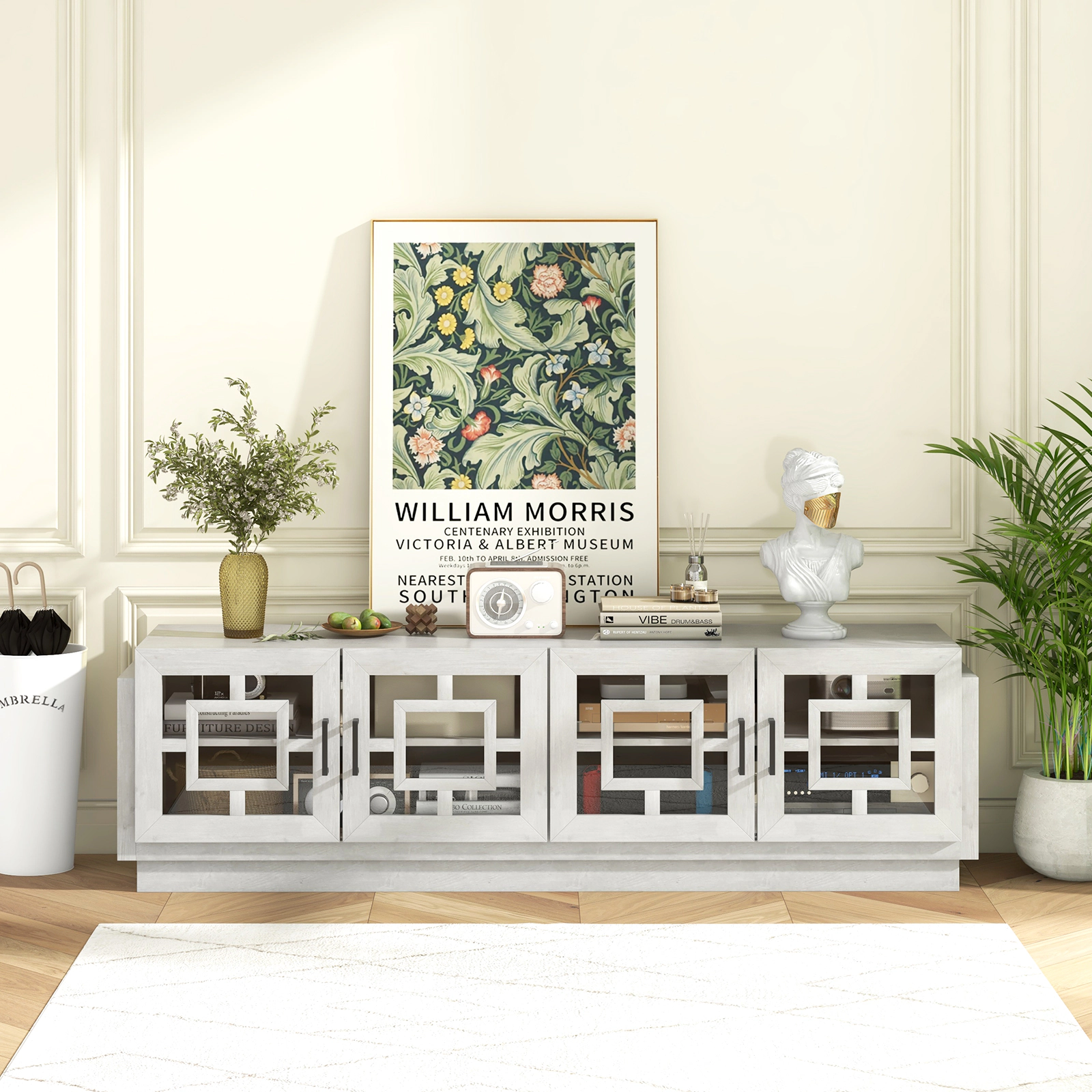 LJG 4-Door TV Stand for TVs up to 75 Inch Media Console Table with Adjustable Shelves