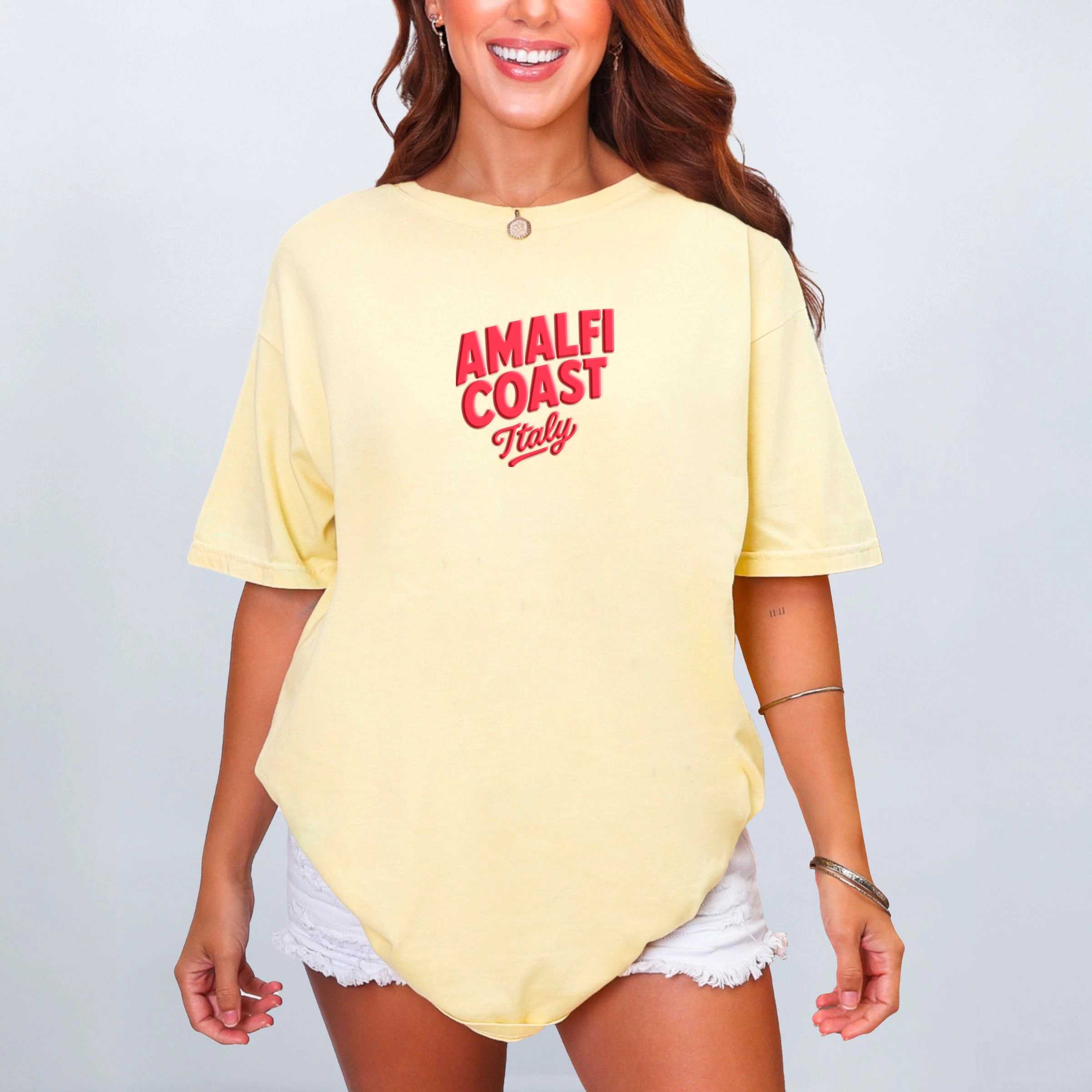 Simply Sage Market - Women's Garment Dyed Graphic T-Shirt Amalfi Coast Vibrant Puff Print